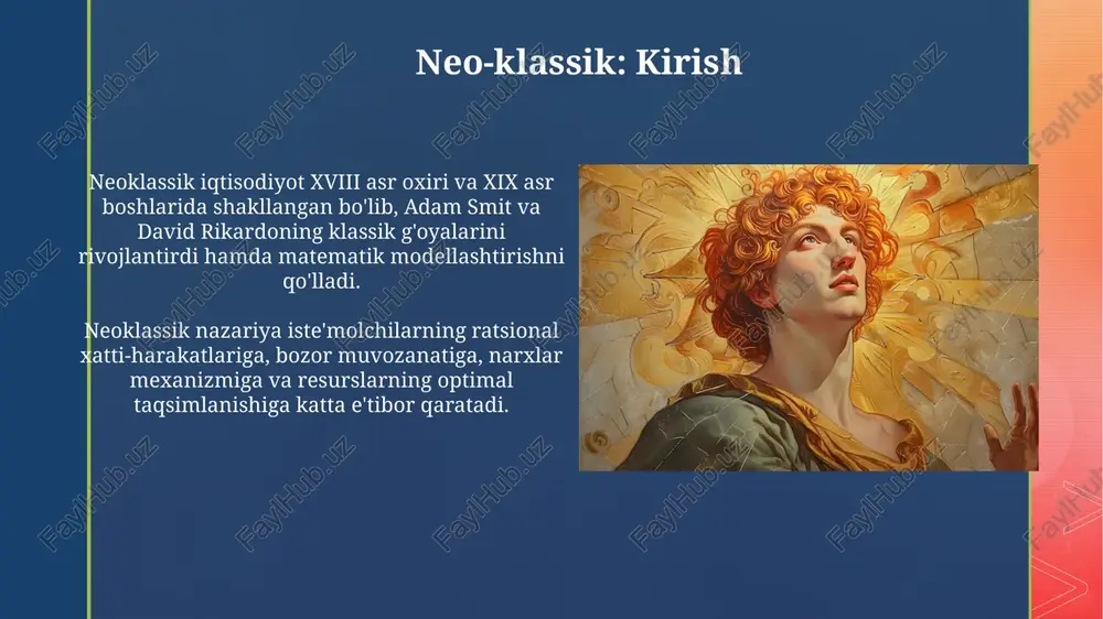 i va monumental miqyos sezilarli bo'lgan. xulosa neoklassik iqtisodiyotning asosiy xulosasi shundan iboratki, 19-asr oxiridan boshlab bozorda narxlar talab va taklifning o'zaro ta'siri natijasida shakllanadi, bu esa muvozanatga olib keladi. neoklassik nazariya davlat aralashuvi bozor samaradorligini buzishi mumkinligini ta'kidlaydi; shuning uchun minimal davlat aralashuvi tarafdori bo'lib, erkin bozorlar 100% samaradorlikka erishadi. e'tiboringiz uchun rahmat image4.png image5.jpg image6.jpg image7.jpg image8.jpg image9.jpg image10.jpg image11.jpg image12.jpg image13.jpg image14.jpg image15.jpg image1.png image2.png