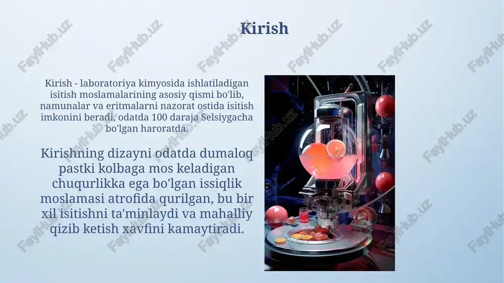 a bo'lgan elektromagnit nurlanish yordamida namunani bevosita isitadi, bu esa issiqlik uzatishning yuqori samaradorligini ta'minlaydi. ushbu isitgichlar har xil turdagi namunalarni tez va bir xilda isitish imkonini beradi, masalan, erituvchini bug'latish yoki 100 °c dan 400 °c gacha bo'lgan haroratda quritish. avtoklavlar avtoklavlar sterilizatsiya uchun 121 °c haroratda va 15 psi bosimda suv bug'idan foydalanadi, bu esa mikroorganizmlarni, jumladan bakteriya sporalarini yo'q qilishda juda samarali hisoblanadi. laboratoriya avtoklavlari odatda 20 litrdan 150 litrgacha bo'lgan hajmlarda bo'ladi va ular suyuqliklar, qattiq moddalar va laboratoriya asbob-uskunalarini sterilizatsiya qilish uchun mo'ljallangan. xavfsizlik choralari isitish moslamalaridan foydalanganda, har doim ko‘zoynak va qo‘lqop kiying; 100°c dan yuqori haroratda kuyish xavfini minimallashtirish uchun himoya vositalari muhim. isitish moslamasini ishlatishdan oldin, 220v rozetkaning holatini tekshiring va barcha simlar yaxshi izolyatsiya qilinganligiga ishonch hosil qiling; nosozlik xavfini bartaraf eting. e'tiboringiz uchun rahmat image4.png image6.jpg image7.jpg image8.jpg image9.jpg image10.jpg image11.jpg image12.jpg image13.jpg image14.jpg image15.jpg image16.jpg image17.jpg image3.jpeg