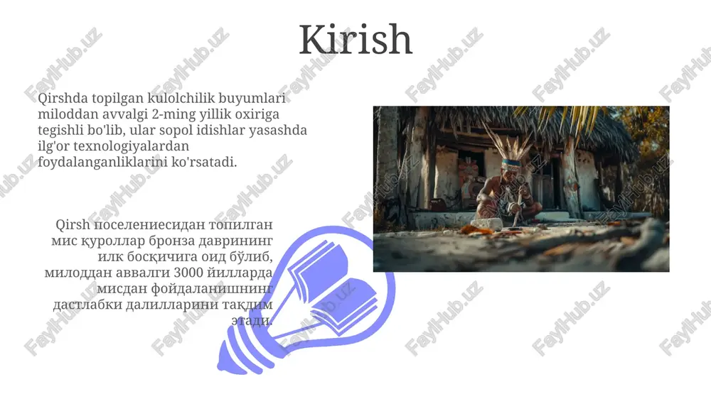 is-qalay qotishmasidan foydalanish rivojlangan, bu esa 8-12% qalay qo'shilgan bronza qurollar va asboblarining qattiqligi va chidamliligini oshirgan. savdo aloqalari va almashinuv bronza davrida markaziy osiyo aholisi mesopotamiya va hind vodiysi bilan faol savdo aloqalarini o'rnatgan, ayniqsa, qimmatbaho toshlar, metallar va hunarmandchilik buyumlari almashinuvi rivojlangan. lapis lazuli kabi toshlar badaxshondan mesopotamiyaga olib ketilgan, mis va qalay esa o'rta osiyodan kelgan, bu metallar bronza tayyorlash uchun aralashtirilgan va 3 ming yillikda keng tarqalgan. ijtimoiy tashkilot va ierarxiya ijtimoiy tashkilotda mehnat taqsimoti, hunarmandchilik va dehqonchilikning rivojlanishi bilan asta-sekin tabaqalanish vujudga kelgan. mulkiy tengsizlik tufayli 2-3 ijtimoiy qatlam shakllangan. bronza davrida harbiy boshliqlar va ruhoniylar jamiyatda katta nufuzga ega bo'lgan. ular 10 dan ortiq a'zodan iborat bo'lgan qabila zodagonlaridan tashkil topgan elita guruhini shakllantirgan. diniy e'tiqodlar va marosimlar 01 02 bronze davrida otashparastlik keng tarqalgan bo'lib, o'choqlar topilishi bunga dalil, ehtimol, bu marosimlar orqali o'zgarishlar 3 davrda amalga oshirilgan. sales 1st qtr 2nd qtr …