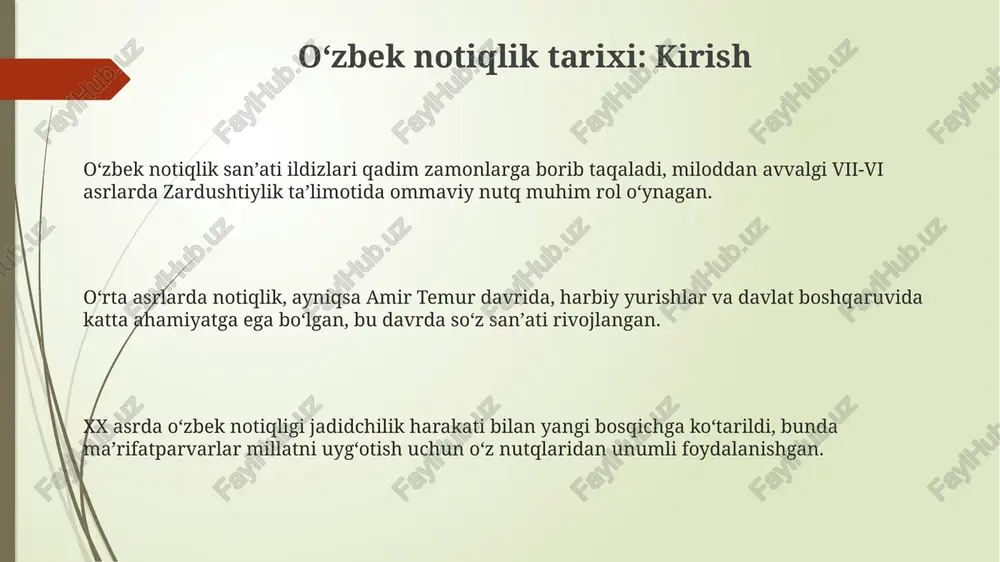 ilar sinfini ilhomlantirishga qaratildi. sovet davrida o'zbek notiqligi professional o'qituvchilar tomonidan o'qitilib, radio va televideniye orqali 1960-yillardan boshlab ommaviy axborot vositalarida keng tarqaldi. mustaqillik yillarida notiqlik san'ati o'zbekistonda 1991-yildan keyin notiqlik maktablari va kurslari tashkil etilib, 30 dan ortiq yangi darsliklar chop etildi. mustaqillik davrida nutq san'ati 21-asr talablariga mos ravishda rivojlanib, ommaviy axborot vositalarida yangi formatlar paydo bo'ldi. mustaqillik yillarida notiqlik san'ati 10 dan ziyod prezident nutqlarida, milliy bayramlarda va muhim siyosiy tadbirlarda namoyon bo'ldi. oʻzbek dostonchiligining oʻziga xos xususiyatlari oʻzbek dostonchiligida erta oʻrta asrlardan boshlab shakllangan 10-12 boʻgʻinli turkiy she’riy vazn – barmoq tizimi asosiy oʻrin tutadi. dostonlarda fantastik unsurlar, mifologik obrazlar va real tarixiy voqealar uygʻunlashib, 7-8 asosiy qahramon atrofida epik syujetlar yaratiladi. oʻzbek dostonlari ijro jarayonida 3-4 xil cholgʻu asboblari (doʻmbira, dutor, gʻijjak) joʻrligida, oʻziga xos maqom yoʻllari orqali kuylanadi. dostonlarda notiqlik elementlari dostonlarda notiqlik 12 hayajonli vaziyatlarni yaratish orqali tinglovchilarni o'ziga jalb qiladi, bu hikoyaning …