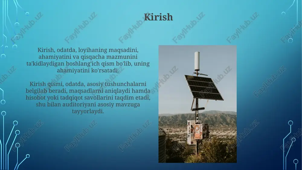 aniladi, har birining funksiyasi sinovdan o'tkaziladi, masalan, quyosh paneli chiqishi kamida 5v bo'lishi kerak. sinov jarayonida, quyosh energiyasi izdoshi 2 o'qi bo'ylab harakatlanishi tekshiriladi, 0 dan 180 gradusgacha aniqlik 1 gradus bo'lishi shart. natijalar va tahlil quyosh harakati demonstratorining samaradorligi 75% ni tashkil etdi, bu nazariy qiymatga yaqin, eksperimental xatoliklarni hisobga olgan holda. quyosh paneli burchagining optimallashtirilishi natijasida energiya ishlab chiqarish 20% ga oshdi, bu esa quyosh izdoshi tizimining afzalliklarini ko'rsatadi. afzalliklari quyosh harakati demonstratori yordamida quyosh energiyasidan maksimal darajada foydalanishni taʼminlash, energiyani tejash va samaradorlikni oshirish imkoniyati mavjud, bu esa iqtisodiy foyda keltiradi. ushbu qurilma quyosh panellarining doimiy ravishda quyoshga yoʻnaltirilishini taʼminlaydi, natijada 30-40% gacha koʻproq energiya ishlab chiqarish imkoniyati yaratiladi va investitsiyalar tezroq qoplanadi. kamchiliklari qurilmaning narxi 500,000 so'mdan oshishi mumkin, bu esa ba'zi maktablar uchun moliyaviy cheklovlarni keltirib chiqaradi va ommaviyligini kamaytiradi. quyosh harakatini vizualizatsiya qilishning soddalashtirilgan modeli, real murakkabliklarni, masalan, atmosferaning ta'sirini yoki turli geografik kengliklarni …