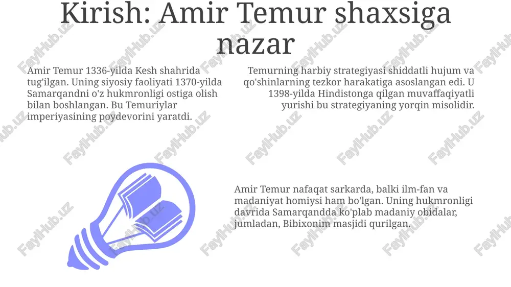 jidlar va savdo rastalari xv asrda qurilgan. samarqand temuriylar davrida ilm-fan markaziga aylandi, ulug'bek rasadxonasi va uning astronomik jadvallari xv asrda jahon ilmiga katta hissa qo'shgan. temurning qonunchilik faoliyati: 'temur tuzuklari' temur tuzuklarida lashkarboshilar va amirlar uchun 9 vazifa koʻrsatilgan, bu orqali harbiy intizom, sadoqat va jangovar tayyorgarlikni taʼminlashga qaratilgan talablar belgilangan. temur tuzuklarida davlat boshqaruvining 12 tamoyili belgilab berilgan boʻlib, ularda adolat, qonun ustuvorligi va xalq manfaatlari himoyasi asosiy oʻrinni egallagan. ushbu asar 8 boʻlimdan iborat boʻlib, unda temurning hayoti, harbiy yurishlari, davlat boshqaruvi va oʻzidan keyingi avlodlarga nasihatlari jamlangan. diplomatiya va xalqaro aloqalar amir temur 1402-yilda anqara jangida usmonli sultoni boyazid i ni mag'lub etib, yevropa davlatlari bilan diplomatik aloqalarni o'rnatish uchun qulay imkoniyat yaratdi. temurning mamluklar davlati bilan olib borgan muzokaralari misr va suriya kabi muhim savdo yo'llarini nazorat qilishda strategik ahamiyatga ega bo'lib, 1393-1405 yillarda tinchlikni saqlashga qaratilgan. amir temur yevropa hukmdorlariga, xususan, fransiya qiroli karl …