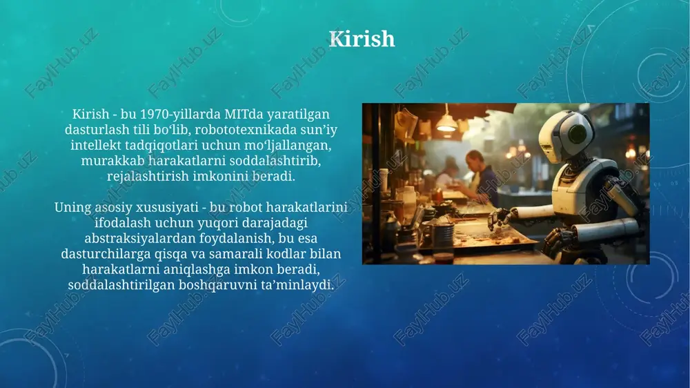 kda robotlar tibbiyotda keng qo'llanilishi mumkin, masalan, aniq jarrohlik operatsiyalarini bajarish yoki dori-darmonlarni yetkazib berishda, inson xatolarini kamaytirib, samaradorlikni 30% ga oshirish mumkin. sun'iy intellekt (ai) bilan integratsiya robotlarga murakkab vazifalarni mustaqil bajarish imkonini beradi, masalan, avtonom transport vositalari va logistika tizimlarida, bu esa xarajatlarni 25% ga kamaytiradi. xulosa xulosa robototexnikaning 20 yillikdagi prognozlari, sun'iy intellekt (ai) va mashinaviy o'rganish (ml) algoritmlarining takomillashuvi bilan sezilarli o'zgarishlarni ko'rsatadi. robototexnika rivojlanishi tibbiyotda 3d-bosma organlar va jarrohlik aniqligini oshirish, 95% muvaffaqiyat darajasiga erishish kabi imkoniyatlarni taqdim etadi. e'tiboringiz uchun rahmat image2.png image5.jpg image6.jpg image7.jpg image8.jpg image9.jpg image10.jpg image11.jpg image12.jpg image13.jpg image14.jpg image15.jpg