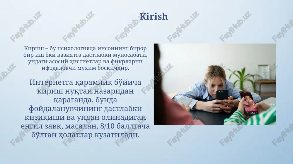 iq bo'lib, taktil, vestibulyar va proprioceptiv signallarni noto'g'ri qayta ishlashga olib keladi. bolalarda sensorli integratsiya buzilishlari 5-16% hollarda kuzatiladi, bu ularning o'quv qobiliyatiga, motorika rivojlanishiga va ijtimoiy moslashuviga salbiy ta'sir ko'rsatadi. kognitiv buzilishlar internetga qaramlik 1) diqqat buzilishi, xususan, sust diqqatni jamlash qobiliyati bilan bog'liq, natijada vazifalarni bajarishda qiyinchiliklar yuzaga keladi. 2) ijroiya funktsiyalari buzilishi, ya'ni rejalashtirish, tashkil etish va qaror qabul qilishda qiyinchiliklar internetga qaram bo'lgan shaxslarda kuzatiladi. internetga qaramlikning oqibatlari ijtimoiy aloqalarning buzilishi, real hayotdagi do'stlar va oila a'zolari bilan munosabatlarning yomonlashuviga olib kelishi mumkin, bu esa yolg'izlik va izolyatsiyani kuchaytiradi. uyqu buzilishi, kechgacha internetda qolish orqali uyqu rejimining buzilishi, bu esa kun davomida charchoq, diqqatning pasayishi va sog'liq muammolariga olib keladi. xulosa va davolash usullari xulosa qilishda internetga qaramlikning kognitiv buzilishlarini, masalan, diqqatning susayishi va ijro funksiyalarining pasayishini hisobga olish muhim, chunki ular davolashga ta'sir qiladi. davolash usullariga kognitiv xulq-atvor terapiyasi (cbt) kiradi, bu esa qaramlikka olib …