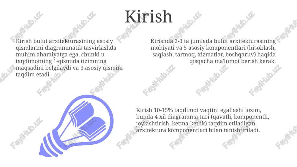 xarajatlarni optimallashtirish va ishlash talablariga javob berish uchun qatlamli saqlash arxitekturalarida tezkor ssdlar va sekinroq qattiq disklar kabi ko'plab saqlash qatlamlari ko'pincha ishlatiladi. tarmoq resurslari "tarmoq resurslari" virtual tarmoqlarni, 10.0.0.0/16 kabi ip-manzillar oralig'ini va xavfsizlik guruhlari orqali trafikni nazorat qilishni o'z ichiga oladi, bulut muhitida aloqani ta'minlaydi. bulut arxitekturasida "tarmoq resurslari" virtual routerlarni, yuk balancerslarni (443 portidagi https trafik uchun) va dns xizmatlarini qamrab oladi, ular ilovalarning ishlashini optimallashtiradi. "tarmoq resurslari" tarkibiga virtual shlyuzlar, jumladan, vpn va expressroute ulanishlari kiradi, ular bulutni 192.168.1.0/24 korporativ tarmoqlari bilan xavfsiz tarzda bog'laydi. virtualizatsiya virtualizatsiya yordamida server unumdorligini 70 foizga oshirish mumkin, chunki resurslar dinamik ravishda taqsimlanadi va 24/7 ish vaqtini ta'minlaydi. virtualizatsiya 1 ta fizik serverda 10 dan ortiq virtual mashinalarni yaratishga imkon beradi, har bir vm o'zining operatsion tizimi va ilovalari bilan alohida ishlaydi. gipervizor, masalan vmware esxi yoki kvm, virtualizatsiya texnologiyasining asosiy qismidir va fizik resurslarni 0 dan ko'proq vmlar o'rtasida …