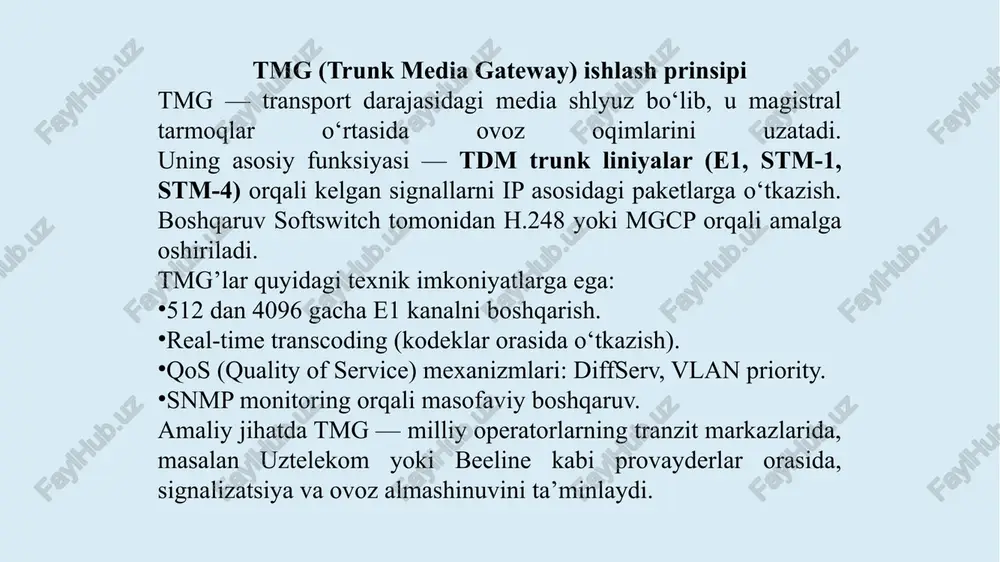 arxitekturasi quyidagi qatlamlarga bo‘lingan: transport layer: ip asosidagi paket uzatish (ethernet, mpls). control layer: softswitch (call agent). application layer: xizmat serverlari (ivr, billing, presence, sip proxy). management layer: oss/bss tizimlari (network management). softswitch sip va h.248 orqali gatewaylarni boshqaradi. qo‘ng‘iroqni yo‘naltirishda dial plan, digit translation va number normalization mexanizmlari ishlatiladi. xdsl texnologiyalari oilasi xdsl – “digital subscriber line” texnologiyalari oilasi bo‘lib, u mis kabel orqali yuqori tezlikdagi raqamli uzatishni ta’minlaydi. turlari: adsl: 24 mbit/s yuklab olish, 1 mbit/s yuklash. sdsl: simmetrik uzatish, biznes uchun. vdsl/vdsl2: 100 mbit/s gacha, qisqa masofa (1 km). hdsl: 2.3 mbit/s, uzoq masofalarda ishonchli aloqa. g.fast: 1 gbit/s, yangi avlod texnologiyasi (itu-t g.9700). qo‘llaniladigan modulyatsiyalar: dmt (discrete multi-tone): chastotani 256 kichik kanallarga bo‘ladi. qam (quadrature amplitude modulation): yuqori tezliklarda ishlash uchun. iad (integrated access device) qurilmasi iad – foydalanuvchi joylashgan joyda (cpe – customer premises equipment) o‘rnatiladi. u bir nechta xizmatlarni birlashtiradi: ovoz, ma’lumot, fax. texnik …