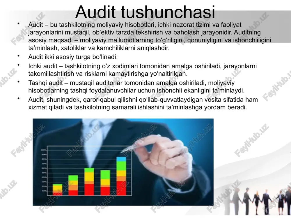 bo‘lib, har bir bosqich o‘ziga xos vazifalarni bajaradi. ushbu bosqichlarni tushunish va to‘g‘ri qo‘llash orqali faoliyatni muvaffaqiyatli va samarali tashkil qilish mumkin. risk tahlili risk tahlili – bu har qanday tashkilot yoki loyiha faoliyatida yuzaga kelishi mumkin bo‘lgan xavf va noaniqliklarni aniqlash, baholash va ularga qarshi samarali chora-tadbirlarni ishlab chiqish jarayonidir. risk tahlili jarayoni qaror qabul qilishni yanada asosli va ishonchli qiluvchi muhim vosita hisoblanadi. u biznes, loyiha boshqaruvi, moliya, sog‘liqni saqlash va boshqa sohalarda qo‘llaniladi. maqsad – potensial zararlarni oldindan aniqlash va ularni kamaytirish orqali tashkilot yoki loyiha muvaffaqiyatini oshirishdir. audit strategiyasi audit strategiyasi – bu auditorlik jarayonini samarali, tizimli va maqsadga yo‘naltirilgan tarzda amalga oshirishni ta’minlovchi reja va yondashuvlar to‘plamidir. strategiya auditning maqsadi, hajmi, xatarlar darajasi, resurslarni taqsimlash va asosiy tekshirish yo‘nalishlarini belgilashga yordam beradi. u auditorlarga muhim moliyaviy va operatsion sohalarni aniqlash, xatarlarni baholash va natijalarni to‘g‘ri tahlil qilish imkonini beradi. shu bilan birga, audit strategiyasi tashkilotning …