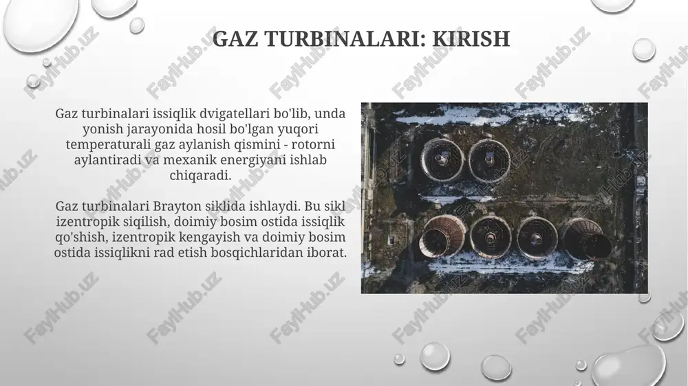 kuzatilishi mumkin. sozlash va optimallashtirish sozlashda turbinaning optimal ishlashi uchun yonish kamerasida havo-yoqilg'i nisbati 15:1 dan 18:1 gacha bo'lgan diapazonda saqlanishi muhim. optimallashtirish jarayonida turbinaning chiqish quvvatini 5% ga oshirish uchun pichoq burchagini sozlash va nazorat qilish tizimini modernizatsiya qilish kerak. gaz turbinalarining ekologik ta'siri gaz turbinalari nox (azot oksidlari) emissiyasini hosil qiladi, bu esa smog hosil bo'lishiga va respirator kasalliklarni kuchayishiga olib kelishi mumkin. nox emissiyasi texnologiyalar bilan kamaytirilishi mumkin. gaz turbinalari karbonat angidrid (co2) chiqaradi, bu global isishga ta'sir qiluvchi asosiy issiqxona gazidir. gaz turbinasi samaradorligini oshirish orqali co2 emissiyasini kamaytirish mumkin. kelajakdagi tendentsiyalar va rivojlanish kelajakda vodorod yoqilg'isidan foydalanish tendentsiyasi ortadi, bu esa chiqindilarni kamaytiradi. tadqiqotlar 2030-yilga borib 50% vodorod aralashmasi bilan ishlashga qaratilgan. additiv ishlab chiqarish (3d bosib chiqarish) gaz turbinalari komponentlarini ishlab chiqarishni tezlashtiradi va optimallashtiradi, shu bilan birga murakkab dizaynlarni yaratishga imkon beradi. e'tiboringiz uchun rahmat image2.png image5.jpg image6.jpg image7.jpg image8.jpg image9.jpg image10.jpg image11.jpg …