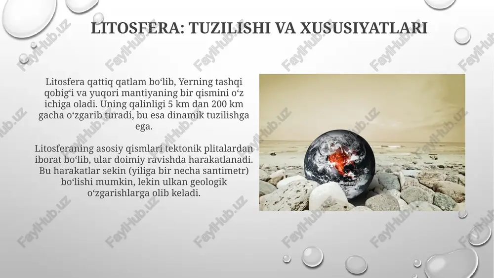 g'ovaklikni kamaytiradi. kontakt metamorfizmida magmatik intruziya atrofidagi tog' jinslari haroratning ko'tarilishi natijasida o'zgaradi, bu esa 10-100 metrgacha zonani yaratadi. nurash va eroziya: yer yuzasining shakllanishi nurash, 0 darajadan past haroratda suv muzlashidan kelib chiqadigan muz nurashi kabi mexanik jarayonlarni o'z ichiga oladi va jismoniy parchalanadi. eroziya, shamol va suv kabi omillar tufayli nuragan materiallarning harakatlanishi, erta davrlarda ko'plab geologik tuzilmalarni shakllantirishda hal qiluvchi rol o'ynaydi. massaviy harakatlar: ko'chkilar va o'pirilishlar ko'chkilar, asosan, 25-45 graduslik qiyaliklarda sodir bo'ladi va yer qatlamining og'irligi, suv miqdori ortishi sababli paydo bo'lishi mumkin. o'pirilishlar ko'proq karst jarayonlari (ohaktosh erishi) natijasida vujudga keladi va diametri bir necha metrdan 100 metrgacha bo'lishi mumkin. cho'kindi jinslar: hosil bo'lishi va ahamiyati cho'kindi jinslar yer yuzasida nurash, yemirilish mahsulotlarining to'planishi va qotishi natijasida hosil bo'ladi, ularning 75% qismini gil tashkil etadi. kimyoviy cho'kindi jinslar, masalan, ohaktosh, erigan minerallarning cho'kishi orqali shakllanadi. ular 20 dan ortiq turdagi minerallardan iborat bo'lishi mumkin. …
