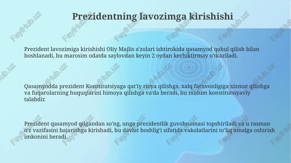 alqaro shartnomalarni imzolaydi, ularni oliy majlis palatalari tomonidan ratifikatsiya qilinganidan so'ng kuchga kiritadi, bu davlatning xalqaro majburiyatlarini belgilaydi. u diplomatik vakolatxonalarni tayinlaydi va qabul qiladi, elchilarning ishonch yorliqlarini tasdiqlaydi. o'zbekistonning xorijiy davlatlardagi vakolatli vakillarini lavozimga tayinlaydi. prezident xalqaro tashkilotlarda o'zbekiston nomidan vakillik qiladi va mamlakatning tashqi siyosatini amalga oshirish uchun muhim qarorlar qabul qiladi. qurolli kuchlar oliy bosh qo'mondoni sifatidagi vakolatlari oliy bosh qo'mondon harbiy unvonlar berish, oliy harbiy lavozimlarga tayinlash va ozod qilish, hamda urush holati e'lon qilish huquqiga ega. o'zbekiston prezidenti oliy bosh qo'mondon sifatida qurolli kuchlarni shakllantirish va ularning sonini belgilash vakolatiga ega, harbiy doktrinani tasdiqlaydi. prezident, oliy bosh qo'mondon sifatida, o'zbekiston hududini himoya qilish bo'yicha zarur choralar ko'radi va respublikaning xavfsizligini ta'minlaydi. favqulodda vaziyatlar bo'yicha vakolatlari favqulodda vaziyatlarda prezident konstitutsiyaning 102-moddasiga muvofiq, fuqarolarning xavfsizligini ta’minlash uchun zarur bo’lgan maxsus choralar ko’rish huquqiga ega. prezident favqulodda vaziyatlarda 2004-yilgi “favqulodda holat to’g’risida”gi qonunga binoan, harbiy holat e’lon qilish …