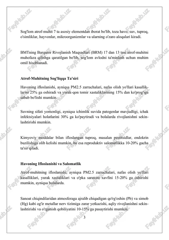 oshirishi mumkin, ayniqsa bolalar orasida. atmosferadagi pm2.5 zarrachalari miqdori iqlim o'zgarishi tufayli 10% ga oshishi nafas olish yo'llari kasalliklarini 20% ga ko'paytirib, o'limga olib kelishi mumkin. qurg'oqchilik va suv tanqisligi natijasida yuzaga keladigan oziq-ovqat taqchilligi 5 yoshgacha bo'lgan bolalar orasida to'yib ovqatlanmaslikni 25% ga oshirishi mumkin, bu esa immunitetni pasaytiradi. ekologik muammolar bolalar salomatligiga qanday ta'sir qiladi? havo ifloslanishi, ayniqsa pm2.5 zarrachalari, bolalarda nafas olish yo'llari kasalliklari (astma, bronxit) xavfini 15-20% ga oshiradi, o'pka rivojlanishiga salbiy ta'sir ko'rsatadi. pestisidlar bilan ifloslangan suv va oziq-ovqat bolalarda neyro-rivojlanish buzilishlariga (diqqat etishmasligi, autizm) sabab bo'lishi mumkin, iq darajasini 5-7 punktga pasaytiradi. og'ir metallar (qo'rg'oshin, simob) bilan ifloslangan tuproq va suv bolalarda surunkali kasalliklar (buyrak yetishmovchiligi, asab tizimi zararlanishi) xavfini 10-12% ga oshirishi mumkin. sog'lom atrof-muhitni qanday yaratish mumkin? havoning sifatini yaxshilash uchun sanoat korxonalarida filtrlash tizimlarini o'rnatish va 5000 dan ortiq daraxt ekish orqali atmosfera ifloslanishini kamaytirish mumkin. suv resurslarini muhofaza qilish maqsadida …