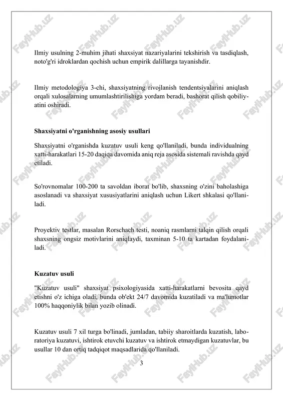 hishga yordam beradi. rorschax siyoh dog'lari testi kabi proyektiv usullar, stimulning tuzilmaganligi sababli, javoblarni interpretatsiya qilish orqali shaxsning ongsiz motivatsiyasi va konfliktlarini baholaydi. tat (tematik appertsepsiya testi) kabi usullar, shaxsga berilgan rasmlar asosida hikoya yaratishni talab etadi, bu esa uning ehtiyojlari, intilishlari va qo'rquvlari haqida ma'lumot beradi. psixofiziologik usullar psixofiziologik usullar miya faoliyatini o'lchash orqali shaxsiyat xususiyatlarini aniqlashga yordam beradi, masalan, eeg yordamida alfa to'lqinlarining intensivligi introvertlik bilan bog'liq. vegetativ nerv tizimining ko'rsatkichlari, masalan, yurak urishi o'zgaruvchanligi (hrv), shaxsiyatning hissiy reaktivligini baholashda qo'llaniladi va stressga chidamlilikni ko'rsatadi. teri-galvanik reaksiya (sgr) kabi o'lchovlar shaxsiyatning hissiy qo'zg'aluvchanlik darajasini baholash uchun ishlatiladi, bu esa shaxsiyatning tashvishlilik xususiyatini aniqlashga yordam beradi. longitudinal tadqiqotlar longitudinal tadqiqotlar shaxsning rivojlanishidagi uzoq muddatli tendentsiyalarni, masalan, 5 yillik davr ichida shaxsiyat o'zgarishlarini o'rganishda muhim ahamiyatga ega. ushbu tadqiqotlar bir xil ishtirokchilarni vaqt o'tishi bilan kuzatib, 10 yildan ortiq vaqt davomida ma'lum xususiyatlarning barqarorligini baholaydi. longitudinal tadqiqotlar, shaxsiyatdagi o'zgarishlarning sabablarini …
