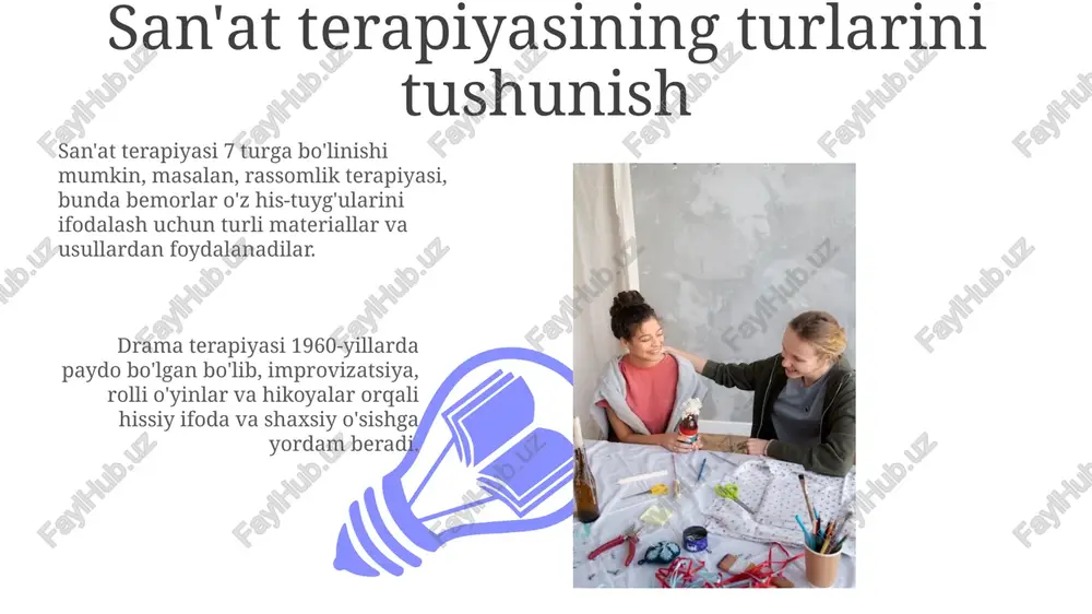 votirni 65% gacha kamaytirishi mumkin, chunki ijodiy jarayon diqqatni jamlashga yordam beradi va miyaning dam olish rejimini faollashtirib, stressni bartaraf etadi. san'at terapiyasi kimga yordam beradi? 01 02 san'at terapiyasi 5 yoshdan oshgan bolalarga his-tuyg'ularini ifoda etishda, travma va xavotirlarni bartaraf etishda 12 hafta davomida yordam berishi mumkin. sales 1st qtr 2nd qtr 100 0 sales 1st qtr 2nd qtr 100 0 san'at terapiyasi bo'yicha mutaxassisni qanday topish mumkin? san'at terapiyasi bo'yicha litsenziyaga ega mutaxassisni toping, ularning malaka darajasi ms, atr-bc kabi belgilar bilan tasdiqlanganligini tekshiring, bu 5 yillik tajribani anglatadi. o'zbekistonda san'at terapiyasi bo'yicha assotsiatsiyalar yoki tashkilotlar mavjud bo'lsa, ularning ro'yxatidan 20 dan ortiq tajribaga ega mutaxassislarni qidiring. e'tiboringiz uchun rahmat image5.jpg image6.jpg image7.jpg image8.jpg image9.jpg image10.jpg image11.jpg image12.jpg image13.jpg image14.jpg image15.jpg image16.jpg image17.jpg image1.jpeg image2.jpeg image3.jpeg