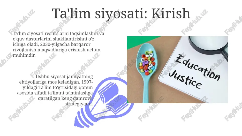 ironligi boʻlgan bolalarning umumiy taʼlim maktablarida teng huquqli taʼlim olishini taʼminlashga qaratilgan jarayon. oʼzbekistonda inklyuziv taʼlim 2020-yildan boshlab rivojlanmoqda, 100 dan ortiq tayanch maktablar tashkil etilgan bo’lib, bunda oʼqituvchilar inklyuziv metodikalarga oʼrgatiladi. ta'lim sifati va baholash taʼlim sifatini baholashda pisa kabi xalqaro baholashlar muhim, ular 15 yoshli o‘quvchilarning o‘qish, matematika va tabiiy fanlar bo‘yicha bilimini o‘lchaydi. o‘zbekistonda taʼlim sifatini oshirish uchun milliy o‘quv dasturi 2021-yilda yangilandi. unda o‘quvchilarning tanqidiy fikrlash qobiliyatini rivojlantirishga eʼtibor qaratilgan. ta'lim siyosatini isloh qilish: istiqbollar 01 02 ta'lim sifatini oshirish uchun 2024-yilda o'qituvchilarning malakasini oshirish dasturlari 30%ga kengaytiriladi, yangi pedagogik texnologiyalar joriy etiladi. sales 1st qtr 2nd qtr 100 0 sales 1st qtr 2nd qtr 100 0 e'tiboringiz uchun rahmat image4.png image5.jpg image6.jpg image7.jpg image8.jpg image9.jpg image10.jpg image11.jpg image12.jpg image13.jpg image14.jpg image15.jpg image16.jpg image1.jpeg image2.jpeg image3.jpeg