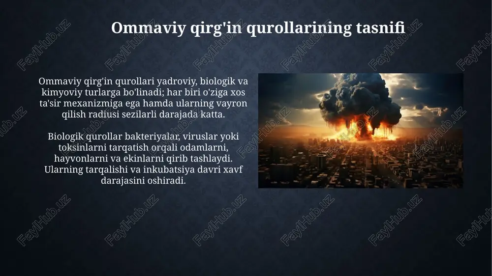 esa genetik mutatsiyalarga olib keladi va bolalarga o'tishi mumkin, shuningdek, erta qarish va saraton kasalligini rivojlanish xavfini oshiradi. o'tkir radiatsiya sindromi (ors) yuqori dozalarda nurlanish ta'siridan kelib chiqadi, bunda suyak ko'migi, oshqozon-ichak trakti va markaziy asab tizimi kabi a'zolar shikastlanadi, o'lim darajasi yuqori bo'lishi mumkin. ommaviy qirg'in qurollariga qarshi himoya choralari radioaktiv moddalar tarqalishini minimallashtirish uchun 10-15 km radiusdagi aholini evakuatsiya qilish va 48-72 soat davomida yopiq joylarda saqlash muhim. zaharlanishning oldini olish uchun shaxsiy himoya vositalaridan (pzv), masalan, gaz niqobi va maxsus kostyumlardan foydalanish, 95% himoya samaradorligini ta'minlaydi. xalqaro huquqda ommaviy qirg'in qurollarini nazorat qilish xalqaro huquq 1925-yilgi jeneva protokoliga muvofiq zaharli gazlar va bakteriologik qurollardan foydalanishni taqiqlaydi, lekin ularni ishlab chiqarishni emas. yadro qurolini tarqatmaslik to'g'risidagi shartnoma (npt) 1968-yilda qabul qilingan bo'lib, yadro quroliga ega davlatlar sonini cheklashga qaratilgan. e'tiboringiz uchun rahmat image3.jpg image4.jpg image5.jpg image6.jpg image7.jpg image8.jpg image9.jpg image10.jpg image11.jpg image12.jpg image13.jpg image14.jpg