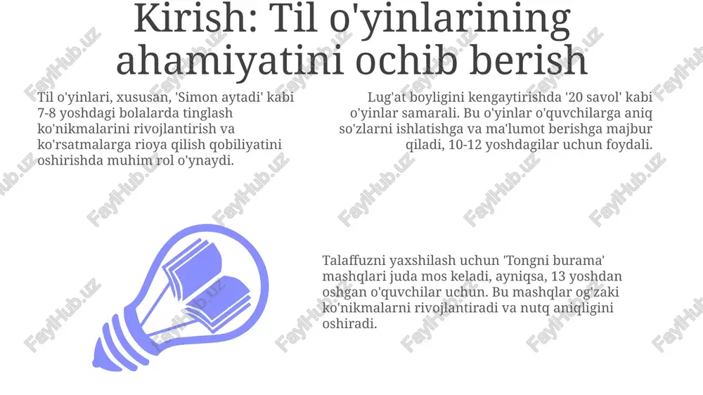 larni simulyatsiya qiladilar, 3 daqiqadan kam bo'lmagan vaqt davomida. til o'yinlarining turlari: misollar va faoliyatlar grammatika o'yinlari tuzilmalarni mustahkamlaydi. masalan, "ikkita haqiqat va bitta yolg'on" o'yini shartli gaplarning birinchi, ikkinchi, uchinchi turlarini amaliyotga tatbiq etishga yordam beradi. lug'at o'yinlari so'z boyligini rivojlantiradi. misol uchun, 20 savoldan iborat "men kimman?" o'yini, o'quvchilarning deskriptiv so'zlarni ishlatish qobiliyatini oshiradi. talaffuz o'yinlari tovushlarni to'g'ri talaffuz qilishni o'rgatadi. "tongue twisters" (tez aytishlar) orqali 3-4 nafar o'quvchi "sh" va "ch" kabi qiyin tovushlarni mashq qilishi mumkin. xulosa: til o'yinlarining ingliz tili ta'limidagi o'rni til o'yinlari o'quvchilarni qiziqtiradi, motivatsiyani oshiradi, stressni kamaytiradi va ingliz tilini o'rganishga 90% ijobiy ta'sir ko'rsatadi. ingliz tili o'yinlari 75% lingvistik kompetensiyani rivojlantiradi: grammatika, so'z boyligi va talaffuzni mustahkamlaydi, shu bilan birga kreativlikni ham oshiradi. o'yinlar orqali o'rganish samaradorligi 60% ga yuqori, chunki ular interaktiv, qiziqarli va talabalarga 85% ko'proq ma'lumotni eslab qolishga yordam beradi. e'tiboringiz uchun rahmat image4.png image1.jpeg image2.jpeg image3.jpeg