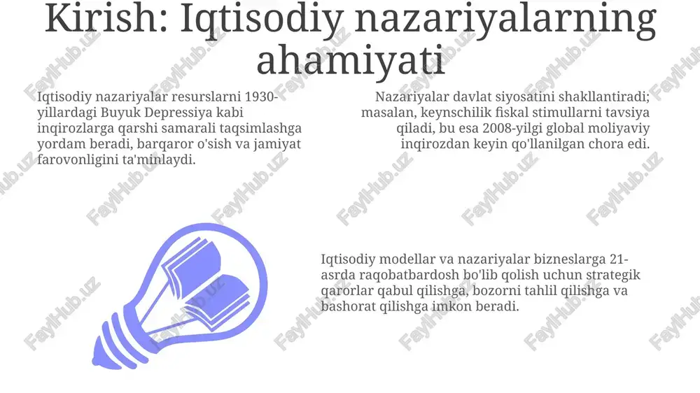 rga foyda keltiradi. keynschilik: makroiqtisodiy siyosat zarurati keynschilik, 1930-yillardagi buyuk depressiya davrida davlat aralashuvining muhimligini ta'kidlab, talabni rag'batlantirish orqali ishsizlikni kamaytirishni maqsad qiladi. keynschilik fikriga ko'ra, hukumatlar fiskal siyosat (masalan, davlat xarajatlari va soliqlar) orqali iqtisodiy tsikllarni yumshatishi mumkin, ayniqsa, 0% foiz stavkalari ta'sirsiz bo'lganida. keynschilik modeli aggregate demandning o'zgarishi iqtisodiyotga katta ta'sir ko'rsatishini ko'rsatadi. multiplikator effekti orqali kichik davlat xarajatlari katta o'sishga olib kelishi mumkin. monetarizm: pulning roli monetaristlar pul aylanish tezligi barqaror deb hisoblaydi, shuning uchun pul massasini nazorat qilish iqtisodiy o'sishni boshqarishning asosiy vositasidir. monetarizm pul massasining o'zgarishi yaim nominal qiymatiga, ayniqsa, inflyatsiya darajasiga katta ta'sir ko'rsatadi deb ta'kidlaydi. friedman's 'k foiz qoidasi' pul massasi yiliga 3-5% o'sishi kerakligini ta'kidlaydi, bu iqtisodiy barqarorlikni ta'minlaydi. institutsional iqtisodiyot: qoidalar va tashkilotlar institutsional iqtisodiyot xarajatlarni kamaytirishga qaratilgan qoidalarni tahlil qiladi, tranzaksiya xarajatlari nazariyasi kabi, bu firmalarning tashkil etilishiga 1937-yildan ta'sir ko'rsatgan. qoidalar iqtisodiy rivojlanishga ta'sir qiladi, masalan, mulk huquqlari, bu …