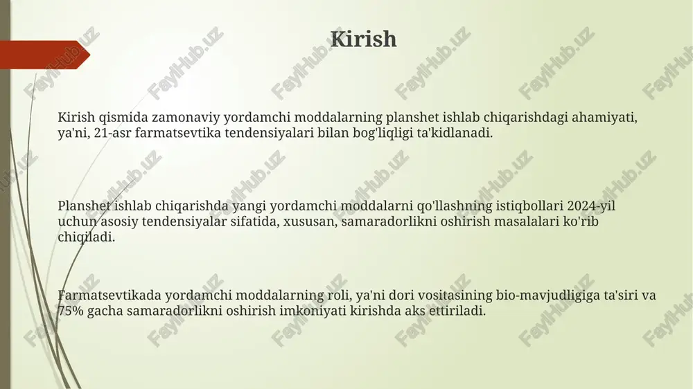 olimerlar, masalan, etiltsellyuloza, 5-80% orqali dori vositasining ajralish tezligini sekinlashtiradi va uni 12-24 soat davomida uzaytiradi. ph-ga sezgir polimerlar (eudragit l100-55 kabi) ichakda erib, dori vositasining so'rilishini oshiradi va nojo'ya ta'sirlarni kamaytiradi, optimal ph 6.0-7.0 oralig'ida ishlaydi. matrix tuzuvchi moddalar (gidroksipropil metiltsellyuloza) dori vositasining diffuziyasi orqali ajralishini boshqaradi, konsentratsiya 10-30% bo'lganda barqaror ajralish profilini ta'minlaydi. biologik faollikni oshiruvchi yordamchi moddalar polioksietilen yogʻ kislotalari, surfaktantlar sifatida, dori vositasining biologik oʻzlashtirilishini 15-25% gacha oshirishi mumkin, ayniqsa past eruvchanlikka ega preparatlar uchun. biologik faollikni oshiruvchi yordamchi moddalar, masalan, siklodekstrinlar, dori vositasining eruvchanligini 2-10 barobar oshirib, soʻrilishini yaxshilaydi. nanotashuvchilar, lipozomalar kabi, dori moddalarini hujayra ichiga yetkazib berish samaradorligini 30-40% ga oshirib, terapevtik ta'sirini kuchaytiradi. nano-yordamchi moddalar va ularning qo'llanilishi nanoyordamchi moddalar, masalan, 10-100 nm o'lchamdagi nanokristallar, dori vositalarining eruvchanligini oshirib, biofoydaliligini 2-3 barobar yaxshilaydi. liposomalar va nanokapsulalar kabi nanoyordamchi moddalar tabletkada dori vositasini himoya qiladi va uni maqsadli ravishda chiqarishni ta'minlab, samaradorlikni 50% ga …