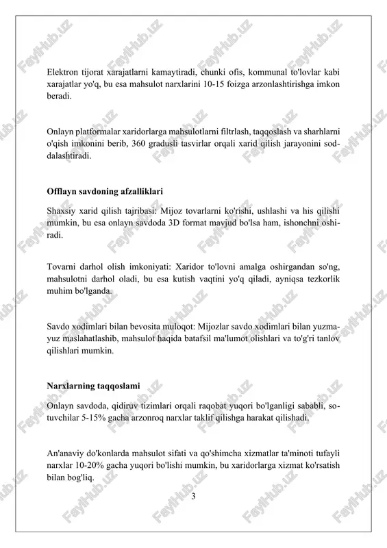 ladi. mahsulotni qaytarish siyosati onlaynda 30 kun ichida amalga oshiriladi, oflaynda esa 14 kun ichida, ammo ba'zi onlayn do'konlar bepul qaytarish imkoniyatini taklif qiladi. oflayn savdoda qaytarish osonroq, chunki mahsulotni shaxsan olib borish mumkin, onlaynda esa mahsulotni jo'natish kerak, bu esa 5-7 ish kuni davom etishi mumkin. marketing va reklama onlayn marketingda seo va kontent-marketing, 75% xaridorlarni jalb qilsa, offline reklamada televideniye reklamalari 40% auditoriyaga yetib boradi, lekin konversiya darajasi pastroq. raqamli reklamada ppc (click uchun to'lov) modellari keng tarqalgan bo'lib, har bir click uchun o'rtacha $0.5-$5 sarflanadi, offline reklamada esa, bosma nashrlar uchun narxlar ancha yuqori. ijtimoiy tarmoqlarda targetli reklama kampaniyalari, demografik ko'rsatkichlarga asoslanib, 18-35 yoshdagilar orasida samaraliroq, offline marketing esa yoshi kattaroq auditoriyani qamrab oladi. xavfsizlik va ishonchlilik onlayn tijoratda shaxsiy ma'lumotlar (bank hisob raqamlari, manzillar) xavfsizligi muhim. ssl sertifikatlari va ikki faktorli autentifikatsiya kabi texnologiyalar 99% xavfsizlikni ta'minlaydi. offlayn savdoda xavfsizlik kameralari va qo'riqlash xizmati orqali mahsulotlar …