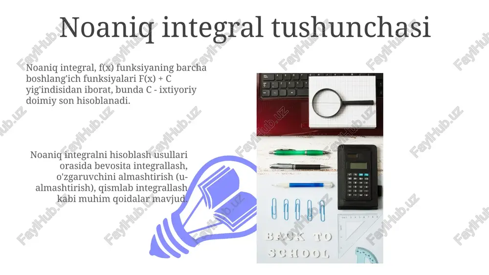 yoki bo'linma bo'lsa, qismlarga bo'lib integrallash (integration by parts) usulidan foydalaning, bunda *u* va *dv* ni to'g'ri tanlash muhim. trigonometrik funksiyalar (masalan, sin(x), cos(x)) bo'lsa, trigonometrik almashtirishlardan foydalanishni ko'rib chiqing; ayniqsa, darajalari bilan bog'liq integrallarda bu usul juda foydali. misollar yechish 01 02 misollarni yechishda, c doimiysi har bir noaniq integral uchun muhim, chunki derivativ c ning har qanday qiymatida nolga teng, shuning uchun ko'plab yechimlar mavjud. sales 1st qtr 2nd qtr 100 0 sales 1st qtr 2nd qtr 100 0 noaniq integralning qo'llanilishi noaniq integral hisoblashning 1-usuli egri chiziq ostidagi maydonni topish uchun ishlatiladi, ayniqsa f(b) - f(a) formulasi aniq qiymatni beradi. noaniq integrallar fizika sohasida jismning tezligidan uning pozitsiyasini hisoblash uchun keng qo'llaniladi; v(t) ni integrallash x(t) ni beradi. xulosa aniqlik bilan aytganda, aniqmas integralni hisoblash usullari (almashtirish, qismlab integrallash, oddiy kasrlarga ajratish) funksiyaning boshlang'ich funksiyasini topishning asosiy vositasidir. aniqlik bilan aytganda, integrallash murakkab funksiyalarni tahlil qilish va …