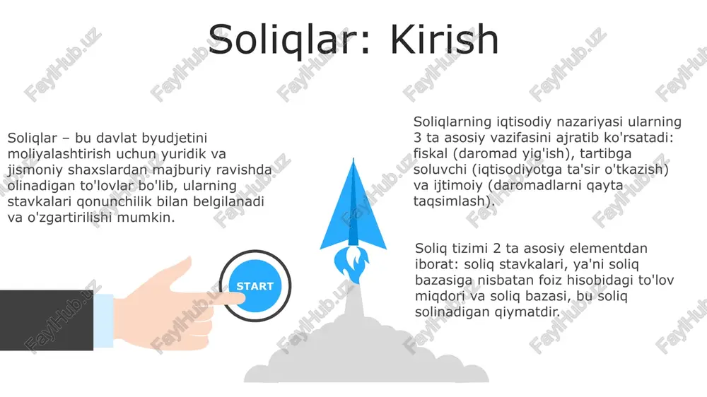 di, bunda mulk egasi soliqni o'z mablag'i hisobidan to'laydi. to'g'ri soliqlar, masalan daromad solig'i, to'g'ridan-to'g'ri jismoniy va yuridik shaxslarning daromadlariga nisbatan qo'llaniladi, bunda soliq to'lovchi uni bevosita to'laydi. korporativ foyda solig'i to'g'ri soliqning muhim ko'rinishi bo'lib, tashkilotning foydasidan olinadi va soliq stavkasi odatda 20% dan 25% gacha bo'lishi mumkin. bilvosita soliqlar aksiz solig'i bilvosita soliq bo'lib, spirtli ichimliklar va tamaki mahsulotlari kabi ayrim tovarlarga qo'yiladi, ularning narxini oshirib, iste'molni kamaytirishga qaratilgan. bilvosita soliqlar tovar va xizmatlar narxiga kiritiladi, masalan, 15% qqs iste'molchi tomonidan oxirgi xarajatda to'lanadi, lekin sotuvchi tomonidan budjetga o'tkaziladi. bojlar bilvosita soliqlar hisoblanadi. misol uchun, import bojining 10 foizi xorijiy tovarlar narxini oshiradi va mahalliy mahsulotlar raqobatbardoshligini ta'minlaydi. umumdavlat soliqlar aksiz soligʻi muayyan turdagi tovarlarga, masalan, tamaki va alkogol mahsulotlariga qoʻllaniladi, ularning narxini oshiradi va davlat daromadlarini koʻpaytiradi, stavkalari turlicha boʻlishi mumkin. yuridik shaxslardan olinadigan foyda soligʻi korxonalar daromadidan olinadi, uning stavkasi 15 foizni tashkil etadi va davlat …