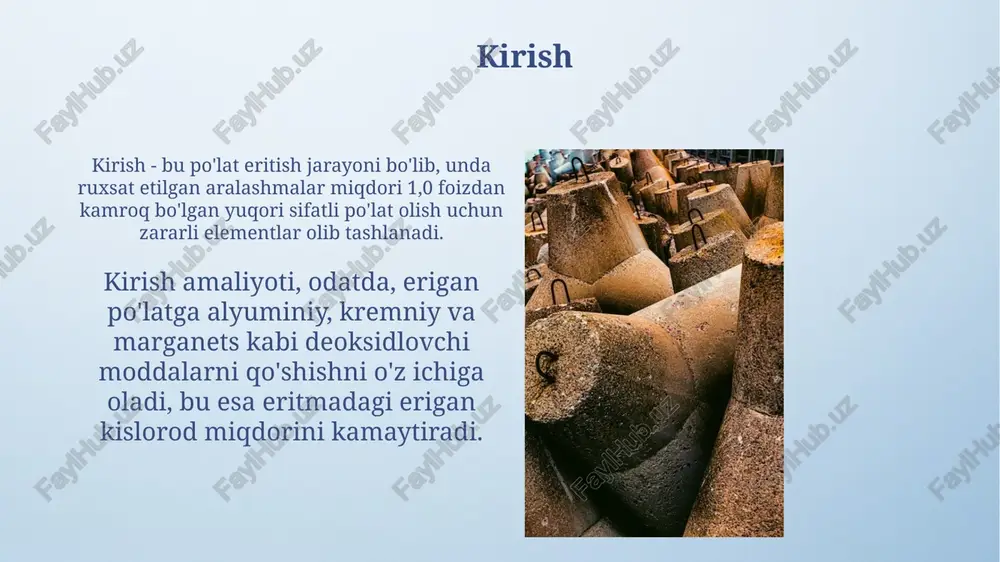 o'llanilishi alyuminiy, 27-element, transportda, qadoqlashda va qurilishda keng qo'llaniladi, uning past zichligi va korroziyaga chidamliligi tufayli muhim ahamiyatga ega. po'lat, temir va uglerod qotishmasi, yuqori mustahkamligi va arzonligi sababli infra-tuzilma, avtomobillar va asbob-uskunalarda keng qo'llaniladi, 0.002% dan 2.14% gacha uglerod tutadi. xulosa metallarning tasnifi turli xil xususiyatlariga, masalan, kimyoviy tarkibiga, fizikaviy xossalariga va foydalanish sohalariga qarab amalga oshiriladi, bu esa 1000 dan ortiq turli xil metallarni ajratishga yordam beradi. asosiy metallar temir, alyuminiy va mis kabi keng qo'llaniladigan metallarni o'z ichiga oladi; qimmatbaho metallar esa oltin, kumush va platina kabi qiymati yuqori bo'lgan metallarni anglatadi, ularning miqdori 8 tadan kamroq. e'tiboringiz uchun rahmat image4.png image5.png image6.jpg image7.jpg image8.jpg image9.jpg image10.jpg image11.jpg image12.jpg image13.jpg image14.jpg image15.jpg image16.jpg image3.jpeg