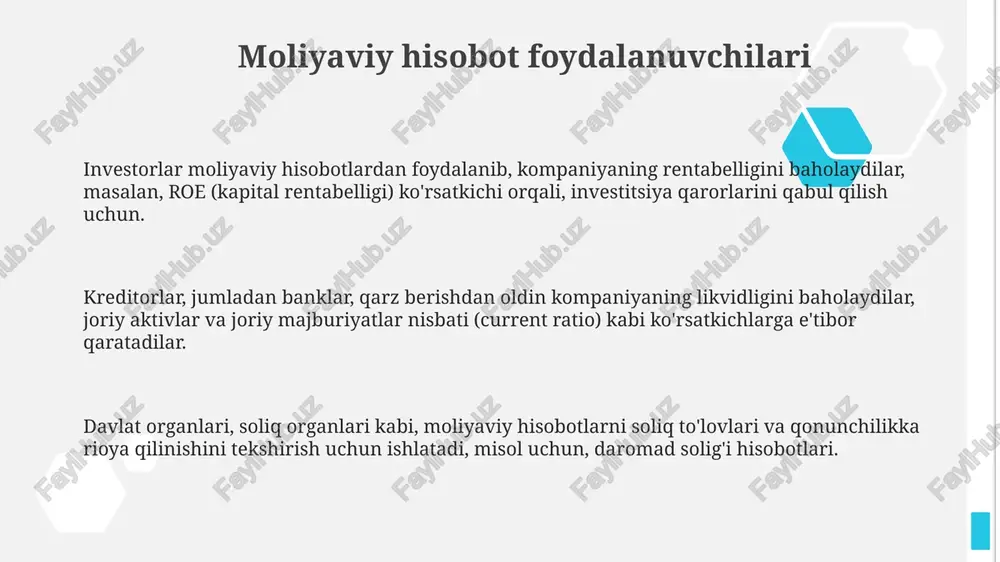 obgarligiga qiziqadi, jumladan, atrof-muhitga ta'siri, mehnat amaliyotlari va jamiyatga qo'shgan hissasi, hisobot orqali baholanadi. investorlar va kreditorlar kabi asosiy foydalanuvchilardan tashqari, "jamoatchilik" moliyaviy hisobotlarni kompaniyaning iqtisodiy faoliyatiga baho berish uchun ishlatadi, bu ularning mahalliy hamjamiyatga ta'sir qiladi. "jamoatchilik" uchun moliyaviy hisobotlar kompaniyaning soliq to'lash, ish o'rinlari yaratish va o'z hududidagi iqtisodiy barqarorlikni ta'minlash salohiyatini aniqlash uchun muhimdir. rahbariyat rahbariyat kelajakdagi rejalar uchun asos yaratish maqsadida, 3-5 yillik muddatga strategik qarorlar qabul qilish va samaradorlikni baholash uchun moliyaviy hisobotlarga tayanadi. rahbariyat operatsion va moliyaviy qarorlarni qabul qilish uchun moliyaviy hisobotlardan foydalanadi, misol uchun, 10% dividendlarni oshirish yoki yangi aktivga 250,000 aqsh dollari sarmoya kiritish to'g'risida. rahbariyat aktivlarni boshqarish, qarz majburiyatlarini bajarish va foyda olish strategiyasini ishlab chiqish uchun moliyaviy hisobotlardan foydalanadi, masalan, sotish narxlarini 15% ga oshirish mumkin. yetkazib beruvchilar yetkazib beruvchilar moliyaviy hisobotlarni baholab, qarz berish imkoniyatini aniqlashadi, shu jumladan, 30-90 kunlik kreditlar orqali to'lov qobiliyatini tekshirishadi. yetkazib beruvchilar xarajatlarni …