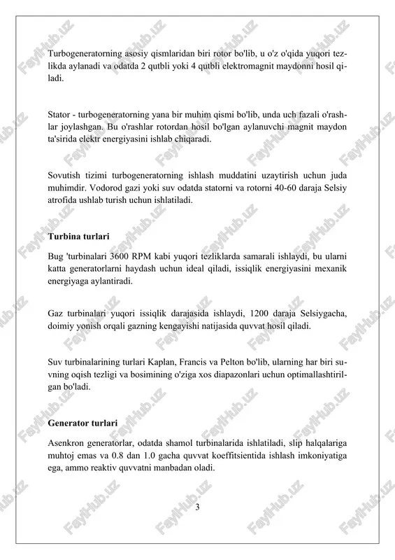ta'minlash, bunda vibratsiyalar 25 mikrondan oshmasligi kerak, aks holda podshipniklar tez ishdan chiqadi. boshqaruv tizimi reaktiv quvvatni 0.85 dan 0.95 gacha ushlab turish uchun avtomatik kuchlanish regulyatoridan (avr) foydalanadi, bu tarmoqdagi kuchlanish barqarorligini ta'minlaydi. sozlash jarayonida turbinaning tezligini nazorat qilish muhim, u nominal tezlikdan (masalan, 3000 rpm) 2-3% dan oshmasligi kerak, aks holda favqulodda vaziyat yuzaga kelishi mumkin. himoya tizimlari generatorning haddan tashqari kuchlanishdan himoya qilish tizimi, masalan, 220 kv tarmoqlarida, kuchlanish 1.2 dan oshganda avtomatik o'chirishni ta'minlaydi, bu esa izolyatsiyaning buzilishiga olib kelishi mumkin. differensial himoya turbogeneratorlar uchun muhim bo'lib, undagi 87% o'rash qismlarida qisqa tutashuvlarni aniqlaydi va 0.02 soniyadan kamroq vaqt ichida generatorni o'chirib, katta zararni oldini oladi. gazdan himoya turbogeneratorning muhim qismidir, u 95% vodorod bilan sovutilganda, yo'qotishlarning oldini oladi va 15% havo kirganda, avtomatik ravishda signal beradi. texnik xizmat ko'rsatish turbogeneratorga texnik xizmat ko'rsatish 12-18 oyda bir marta o'tkaziladi, bunda rulmanlar, o'rash izolyatsiyasi va sovutish tizimlarining …