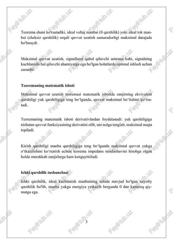 ekor qilinishini ta'minlaydi. ac zanjirida maksimal quvvatni uzatish chastota bilan bog'liq bo'lishi mumkin. manba va yukning reaktivligi turli chastotalarda o'zgarishi mumkin, shuning uchun mos keladigan empedans faqat ma'lum bir chastota diapazonida optimal bo'ladi. kompleks qarshilikni moslashtirish kompleks qarshilikni moslashtirishda, manbaning ichki kompleks qarshiligi (z_s = r_s + jx_s) yukning kompleks qarshiligiga (z_l = r_l - jx_l) teng bo'lishi kerak. maksimal quvvat uzatish uchun, yuk qarshiligi (r_l) manba qarshiligiga (r_s) teng bo'lishi, yukning reaktiv qismi (x_l) esa manbaning reaktiv qismining (x_s) teskarisiga teng bo'lishi shart. agar manba va yuk qarshiliklari kompleks bo'lsa, maksimal quvvat uzatishga erishish uchun yukning kompleks qarshiligi manbaning kompleks qarshiligining qo'shmasiga (z_l = z_s^*) teng bo'lishi lozim. quvvat uzatish samaradorligi quvvat uzatish samaradorligi ko'pincha yuk qarshiligi manba qarshiligiga teng bo'lganda maksimal quvvat uzatish teoremasida 50% dan kamroqni tashkil qiladi, bu katta energiya isrofini anglatadi. yuqori samaradorlik uchun yuk qarshiligi manba qarshiligidan ancha katta bo'lishi kerak, natijada quvvatning deyarli …