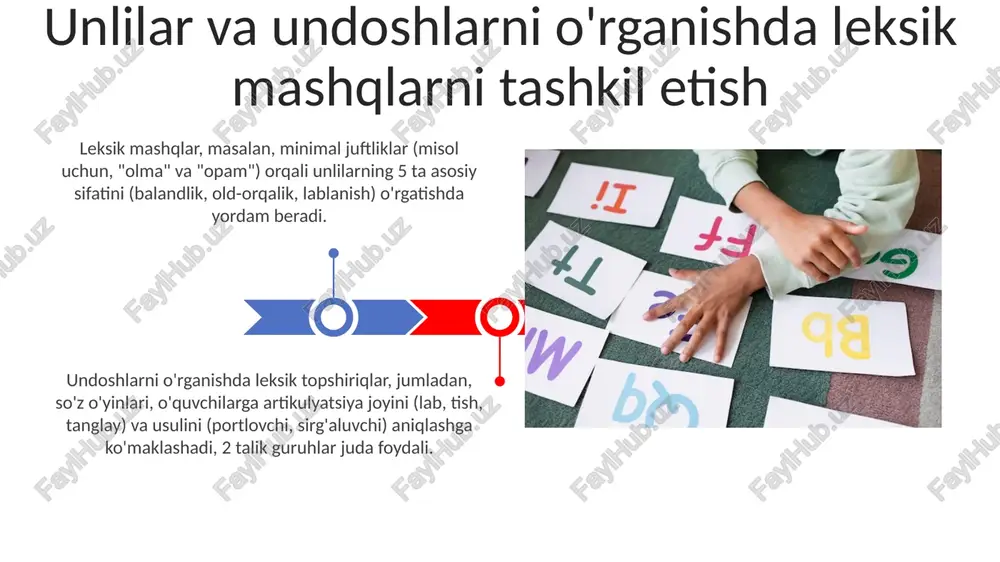 arning fonetik kompetensiyasini rivojlantirish uchun differentsial mashqlarni talab qiladi. grafemalar va fonemalar o'rtasidagi mos kelmaslik, xususan, o'zbek tilida 'g' harfi ikki xil tovushni ifodalashi, 7 ta unli tovush bo'yicha vaziyatni murakkablashtiradi. o'quv materiallari va manbalar oʻquv materiallari fonetik jadvalni oʻz ichiga olishi kerak, unda 45-50 ta tovush tasvirlangan va har bir tovushning aniq talaffuzi namoyish etilgan boʻlishi darkor. lug'aviy mashqlarni tashkil qilish uchun fonetik transkripsiya lug'ati muhim, unda 2000 dan ortiq so'z mavjud bo'lib, tovushlarning farqini ko'rsatadi. xulosa «xulosa» boʻlimi talabalarning dars davomida oʻrgangan 5-6 ta asosiy tushunchalarini jamlab, mustahkamlaydi hamda ularni qisqa bayon etish ko’nikmasini rivojlantiradi. ushbu qism 3-4 ta asosiy fikrni umumlashtirib, talabalarning oʻtilgan materialni qanchalik tushunganliklarini aniqlashga yordam beradi va kelgusi dars uchun yo'nalish beradi. e'tiboringiz uchun rahmat image5.jpg image6.jpg image7.jpg image8.jpg image9.jpg image10.jpg image11.jpg image12.jpg image13.jpg image14.jpg image15.jpg image16.jpg image1.jpeg image2.jpeg