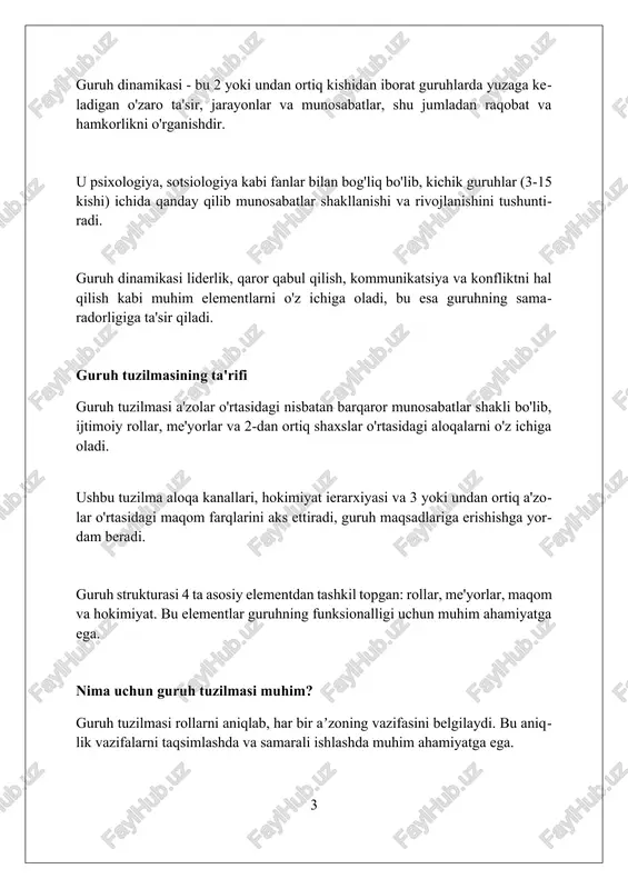turishi mumkin, bu qarorlarni shakllantiradi. me'yorlar 3 xil bo'lishi mumkin: rasmiy (qonunlar), norasmiy (odatlar) va yashirin (taxminlar), ularning buzilishi 5-10% hollarda jazolanishga olib kelishi mumkin. guruh ichidagi munosabatlar guruh ichidagi munosabatlar a'zolarning rollari (masalan, yetakchi, ko'makchi) va ularning maqomi, ya'ni ierarxiyadagi o'rni bilan belgilanadi, bu esa 75% guruh samaradorligiga ta'sir qilishi mumkin. guruhning tuzilishi, 2 yoki undan ortiq a'zodan iborat bo'lsa ham, guruhning me'yorlari orqali belgilanadi; bu me'yorlar xulq-atvorning 90% ini boshqaradi va umidlarni shakllantiradi. munosabatlar kommunikatsiya tarmoqlari (rasmiy, norasmiy) orqali shakllanadi, bu esa ma'lumot almashinuvining 60% ini belgilaydi va guruhning muvaffaqiyatiga bevosita ta'sir ko'rsatadi. aloqa kanallari aloqa kanallari guruh ichidagi 70% axborot almashinuvini ta’minlaydi, shu sababli samarali kanal tanlash nizolarni kamaytirib, 30% vazifa bajarilish tezligini oshiradi. rasmiy aloqa kanallari, masalan, 1:1 uchrashuvlar yoki guruh elektron pochtasi xabarlari, 85% aniqlikni ta’minlaydi, lekin norasmiy aloqa 15% gacha ijodiy yechimlarni keltirishi mumkin. aloqa kanallarining samaradorligi 0 dan 100 gacha bo’lgan shkala bo’yicha …