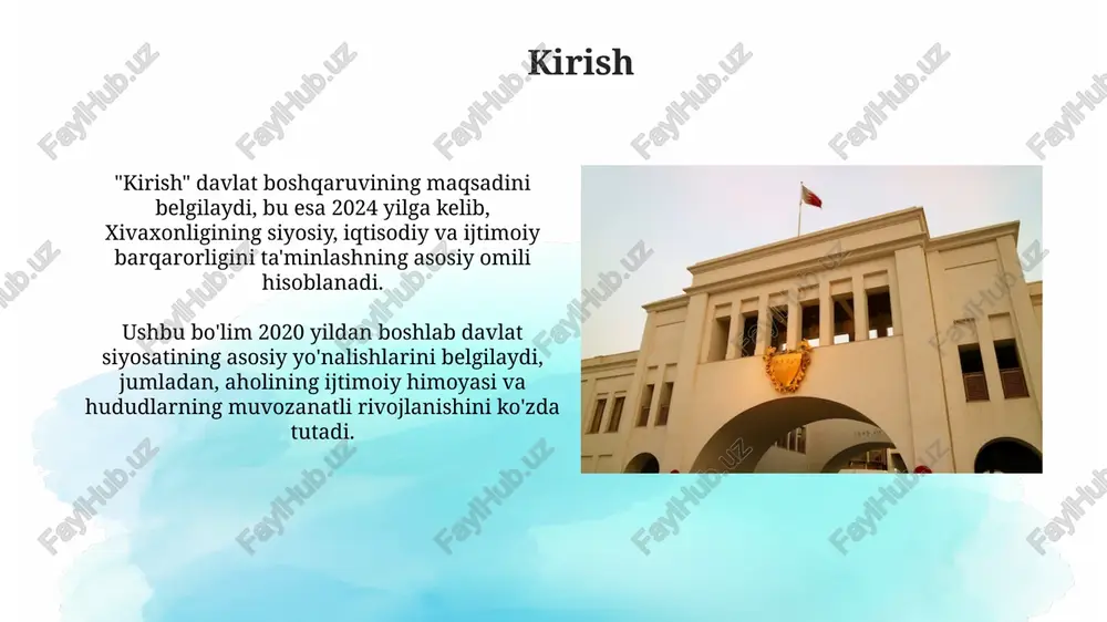 0 dan ortiq normativ-huquqiy hujjatlar ijrosini ta'minlaydi, shu jumladan iste'molchilar huquqlarini himoya qilish qonunlarini nazorat qiladi. vaqf yerlari va ularning boshqaruvi vaqf yerlari - bu islomiy qonunchilikka ko'ra, 11-moddada belgilanganidek, xayriya maqsadlarida ajratilgan yer uchastkalari bo'lib, ularni boshqarish qat'iy tartibga solinadi. vaqf yerlarini boshqarish o'zbekiston respublikasi vazirlar mahkamasining 2010-yildagi 200-sonli qarori bilan tartibga solinadi va bu yerlar faqatgina maqsadli ravishda foydalanilishi shart. din ishlari boshqaruvi din ishlari boshqaruvi diniy tashkilotlar faoliyatini muvofiqlashtiradi, 2018-yilgi 344-sonli prezident farmoni bilan vakolatlari belgilab qo'yilgan va bu sohada davlat siyosatini amalga oshiradi. boshqaruv, o'zbekiston respublikasi konstitutsiyasining 57-moddasiga muvofiq, diniy erkinliklar va e'tiqod huquqlarini ta'minlashga qaratilgan chora-tadbirlarni ishlab chiqish va amalga oshirishda ishtirok etadi. ta'lim tizimi va madaniyat boshqaruvi ta’lim tizimi boshqaruvi 12 yillik majburiy ta’limni (boshlang’ich, o’rta va o’rta maxsus) qamrab oladi, bu esa har bir fuqaroning bilim olish huquqini kafolatlaydi va malakali kadrlar tayyorlashga yo'naltirilgan. madaniyat boshqaruvi 20 dan ortiq davlat muzeylari, teatrlar va …