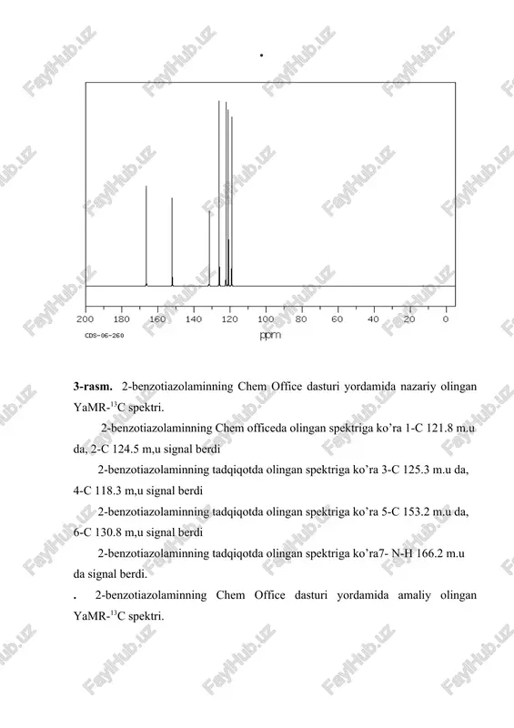 1668 sm-1 sohada bergan. 6-rasm. 2-benzotiazolaminning chem office dasturi yordamida olingan iq spektri. dasturda olingan natijalarga ko’ra ar-o-h bog’i va bog’i 3279. sm-1 , dagi c=n bog’lari 1420-1000sm-1 , ar-c-h bog’i 3078sm-1 , ar-c-c va ar-c=c 1625-1575 sm-1 , ar-c-n bog’i 1070-1030 sm-1 , ar-c-o-h bog’i 1275-1150 sm-1, ar-n=o bog’i 1510-1490 sm-1, ar-c-h bog’i 1100 sm-1 sohalarda valent tebranishni berdi. hamda -nh2- va benzol halqasining oberton tebranishlari 1600-2000 sm-1 sohada berdi. tajriba qism 2-benzotiazolaminning yamr-1h, yamr-13c va iq spektrlari empirik hisoblash usullari bilan o’rganildi. hisoblash jarayoni chem office dasturining molekulyar mexanika usullarida bajarildi. xulosa chem office dasturida olingan 2-benzotiazolaminning iq spektrida bog’lardagi beradigan signallar, amalda olingan signallardan biroz farq qildi. bunga tashqi ta’sir, moddaning suvli kristalligi va boshqa omillar sabab bo’ldi. foydalanilgan adabiyotlar ro’yxati 1. https://www.chemicalbook.com/spectrumen_3682-32-4_ir1.htm 2. http://utube.uz/ru/video/2a9c2394fd3c98c 3. solovev, m. e. kompyuternaya ximiya / m. e. solovev, m. m. solovev. moskva : solon-press, 2005. – 536 s. 4. rambidi, …