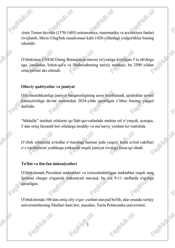 oshqa mahsulotlar bozorlarda mavjud bo'ladi. din va ma'naviyat o'zbekistonda islom dini an'anaviy ravishda keng tarqalgan bo'lib, 9-12 asrlarda imom buxoriy kabi buyuk olimlar yetishib chiqqan va hadis ilmi rivojlangan. ma'naviyat o'zbekistonda milliy qadriyatlar, urf-odatlar va an'analarni o'z ichiga oladi, bu esa har bir shaxsning 18 yoshdan keyin shakllanishida muhim rol o'ynaydi. o'zbekistonda 130 dan ortiq millat va elat vakillari yashaydi, ularning har biri o'ziga xos diniy va ma'naviy merosga ega bo'lib, bu mamlakatning madaniy xilma-xilligini boyitadi. san'at va adabiyot o'zbek adabiyoti alisher navoiyning xv asrdagi asarlari bilan mashhur bo'lib, uning “xamsa”si 5 dostonni o'z ichiga oladi va insoniylik g'oyalarini targ'ib qiladi. o'zbek san'ati an'anaviy hunarmandchilik, xususan, gilamdo'zlik va kashtachilik bilan ajralib turadi; ipak gilamlardagi 100 dan ortiq ranglar turli ma'nolarni anglatadi. xx asrda abdulla qodiriyning “o'tkan kunlar” romani o'zbek romanchiligining rivojiga katta hissa qo'shdi va milliy o'zlikni anglashga undadi. do'stlik va mehmondo'stlik “do'stlik” tushunchasi o'zbekistonda 40 dan ortiq millat vakillari …