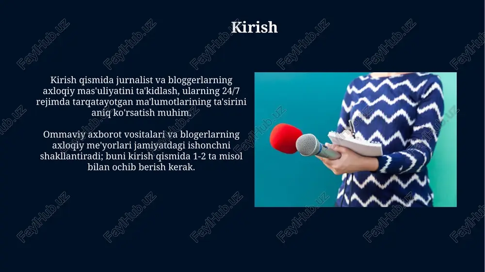arar qilmaslik” tamoyili shuni anglatadiki, jurnalistlar xabarlari orqali 100% ishonch hosil qilmasa, faktlarni e'lon qilmasliklari kerak. bu tushuncha ma'lumot tarqatishda xatoliklar tufayli kelib chiqishi mumkin bo'lgan salbiy oqibatlarni minimallashtirish uchun ehtiyot choralarini ko'rishni talab etadi. ijtimoiy mas'uliyat ijtimoiy mas'uliyat, birinchi navbatda, jurnalistlar va bloggerlarning 100% aniq, xolis ma'lumot berish majburiyatini anglatadi, shu bilan birga zararli ta'sirlarni kamaytiradi. blogger va jurnalistlarning ijtimoiy mas'uliyati 200% faktlarni tekshirish, manbalarni aniqlash va shaxsiy fikrlardan voz kechishni talab etadi, shu sababli jamiyat manfaatlarini himoya qiladi. moliyaviy manfaatlar to'qnashuvi "moliyaviy manfaatlar to'qnashuvi" - bu jurnalist yoki bloggerning moliyaviy manfaatdorligi, masalan, 10% aktsiyalar, xolis reportajga ta'sir qilishi mumkin bo'lgan vaziyat. agar jurnalist qaysidir kompaniyaning 25% ulushiga ega bo'lsa va u haqda ijobiy maqola yozsa, bu "moliyaviy manfaatlar to'qnashuvi" hisoblanadi va axborotda oshkor etilishi kerak. internetdagi axloqiy dilemmalar anonimlik va javobgarlik dilemmasi: internet foydalanuvchilari, shu jumladan jurnalistlar, 1996-yilgi cda 230-modda qonuniga binoan anonimlik orqali javobgarlikdan qochishi mumkin, lekin …
