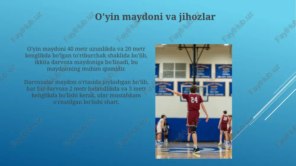 vozabon 6 metrlik zonani tark etsa, hakam 7 metrlik jarima zarbasi belgilashi mumkin. bu jamoa uchun muhim imkoniyat. erkin zarba erkin zarba qoidabuzarlik sodir etilgan joydan, lekin darvozadan kamida 9 metrdan uzoqlikda amalga oshiriladi, agar qoidabuzarlik 9 metr chizig'ida sodir bo'lsa. himoyalanuvchi jamoa o'yinchilari erkin zarba amalga oshirilganda to'pdan kamida 3 metr uzoqlikda turishi kerak, bu masofa buzilishlarni oldini olish uchun muhim ahamiyatga ega. e'tiboringiz uchun rahmat image1.png image2.jpg image3.jpg image4.jpg image5.jpg image6.jpg image7.jpg image8.jpg image9.jpg image10.jpg image11.jpg image12.jpg