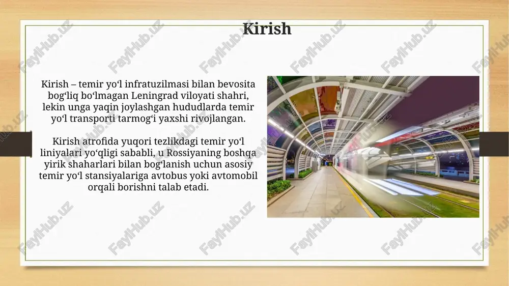 ivojlanish tezkor poyezdlar va metro 20% dan ortiq sayohat vaqtini qisqartirib, biznes aloqalarini faollashtiradi, hududlararo savdo hajmini 15% ga oshiradi. metro va yuqori tezlikdagi temir yo'llar aholi mobilligini oshirib, ishchi kuchining 30% ga qadar uzoqroq masofalarga qatnashiga imkon beradi. atrof-muhitga ta'siri metro liniyalari qurilishi vaqtida 1000 tonnagacha chang va gaz zarrachalarini chiqarishi mumkin, bu esa mahalliy havo sifatini sezilarli darajada yomonlashtiradi. tez poyezdlar harakati natijasida hosil bo'lgan shovqin darajasi 85 desibelgacha yetishi mumkin, bu esa yashovchi aholining sog'lig'iga salbiy ta'sir ko'rsatishi mumkin. kelajakdagi tendentsiyalar va innovatsiyalar 5g texnologiyasining integratsiyasi real vaqtda ma'lumotlar uzatishni ta'minlaydi, poyezdlarning harakatini optimallashtiradi va yo'lovchilarga yuqori tezlikdagi internet xizmatlarini taqdim etadi, operatsion samaradorlikni 25 foizga oshiradi. giperloop kabi yangi transport usullari 2030-yilga borib joriy etilishi mumkin, bu esa soatiga 1200 km gacha tezlikda harakatlanuvchi, energiya tejamkor va ekologik toza transport tizimini yaratish imkonini beradi. e'tiboringiz uchun rahmat image7.png image8.jpg image9.jpg image10.jpg image11.jpg image12.jpg image13.jpg image14.jpg image15.jpg …