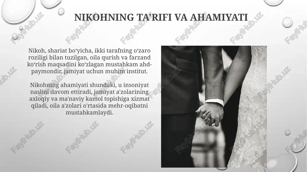 ng muhim jihati bo'lib, kelajakdagi xarajatlar, investitsiyalar va pensiya jamg'armalarini o'z ichiga oladi va muhokama qilinishi lozim. zamonaviy nikohning tendensiyalari nikoh yoshining o'rtacha ko'rsatkichi oshib bormoqda; 2023-yilgi ma'lumotlarga ko'ra, erkaklar o'rtacha 28 yoshda, ayollar esa 25 yoshda turmush qurmoqda, bu esa ta'lim olishga e'tiborni aks ettiradi. fuqarolik nikohi (rasmiy nikohsiz birga yashash) tobora ommalashib bormoqda; 20% gacha juftliklar nikohsiz yashashni afzal ko'rmoqda, bu esa an'analarga qarshi tendensiyani ko'rsatadi. nikoh va kelajak “nikoh va kelajak” oilaning iqtisodiy barqarorligini ta’minlash, masalan, 7-10 yillik uzoq muddatli moliyaviy rejalashtirish muhimligini ta’kidlaydi. “nikoh va kelajak”da ajralishlarning oldini olish maqsadida, nikohdan oldin kamida 3-6 oy davomida psixologik maslahatlar olishning ahamiyati ko'rsatilgan. e'tiboringiz uchun rahmat image2.png image5.jpg image6.jpg image7.jpg image8.jpg image9.jpg image10.jpg image11.jpg image12.jpg image13.jpg image14.jpg image15.jpg image16.jpg image3.png