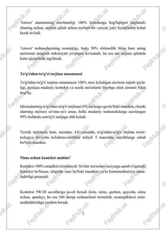 topishga yordam beradi. analogiya usuli 2: agar 'amxor' funksiyasi ma'lum bo'lsa, 3-darajali muqobil so'zlarni, ya'ni maqsadga mos keladigan so'zlarni qo'llash mumkin. lingvistik tekshiruv 3-bosqich: 'amxor'ning etimologiyasini aniqlashga urinish, so'zning tuzilishidan kelib chiqib, 4 xil taxminiy ma'nolarni yaratish mumkin. ma'noviy ekvivalentlarni topish "ma'noviy ekvivalentlarni topish" 1-bosqichi, leksik birliklarni tahlil qilishni o'z ichiga oladi, ya'ni so'zlarning 2 xil tilda qanday ma'nolarga ega bo'lishini aniqlash muhim. frazeologik iboralarning ma'noviy ekvivalentini topish 3 ta asosiy omilga bog'liq: madaniy kontekst, tarixiy ildizlar va 5 ta turli variantdagi uslubiy xususiyatlar. 2 ta tildagi matnlarni taqqoslash orqali, "ma'noviy ekvivalentlarni topish" jarayonida 4 xil muammolarni aniqlash mumkin: leksik bo'shliqlar, grammatik farqlar, stilistik uslub va madaniy o'ziga xoslik. transliteratsiya va adaptatsiya transliteratsiya - bu 19-asrda keng tarqalgan bo'lib, bir alifbodagi so'zlarni boshqa alifboga tovushga yaqin qilib o'tkazish, masalan, 'hello' so'zini 'xello' deb yozish. adaptatsiya esa, 2000-yildan keyin kuchaydi, bunda so'zning ma'nosini saqlab qolish uchun uni o'zgartirish, masalan, 'software'ni 'dasturiy …