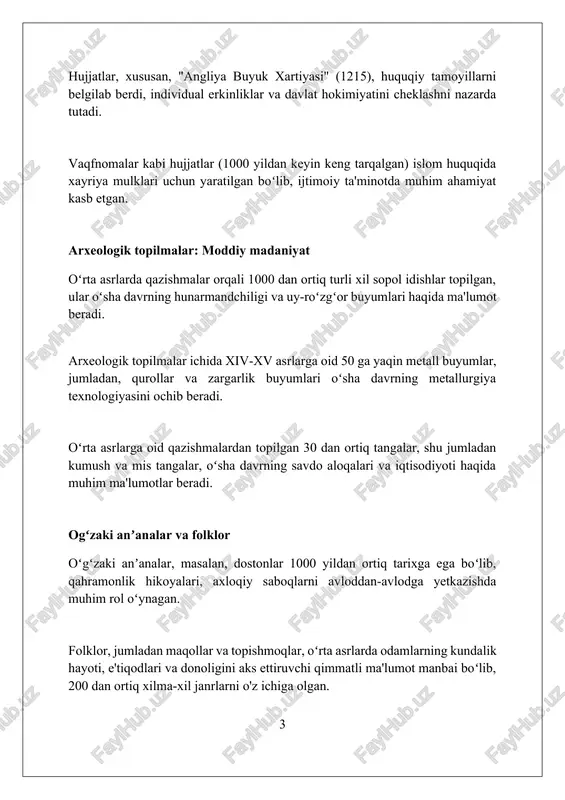 aniy merosni saqlashda xizmat qildi. huquqiy kodlar va qonunlar o'rta asr huquqiy kodlari, masalan, xii asrda paydo bo'lgan "magna carta" qirol hokimiyatini cheklab, huquqlarni himoya qilishga urinish bo'lgan. "yassa" kabi mo'g'ul huquqiy kodlari harbiy intizomni mustahkamlagan va xiii-xiv asrlarda savdo-sotiqni tartibga solgan. ularda o'lim jazosi keng qo'llanilgan. xi asrdagi "rus pravdasi" kabi slavyan qonunlari qotillik uchun to'lanadigan jarimalarni (vira) belgilab, jamiyatda tartib o'rnatishga va qon to'kishning oldini olishga xizmat qilgan. adabiy asarlar: sheʼriyat va nasr “qutadgʻu bilig” (1069-1070) yusuf balasagʻuniyning pand-nasihat dostonidir, 6520 baytdan iborat. bu asar adolatli hukmdorlik, axloqiy fazilatlar va ijtimoiy tartib haqida qimmatli maʼlumot beradi. alisher navoiyning “xamsa”si (1483-1485) besh dostonni oʻz ichiga oladi: “hayrat ul-abror”, “layli va majnun”, “farhod va shirin”, “sab’ai sayyor” va “saddi iskandariy”. har bir doston oʻziga xos falsafiy va axloqiy gʻoyalarni ilgari suradi. “boburnoma” (1520-yillar) zahiriddin muhammad boburning avtobiografik asari boʻlib, unda oʻzbek tilida hindistonga yurishlari, siyosiy voqealar, tabiat manzaralari va shaxsiy …