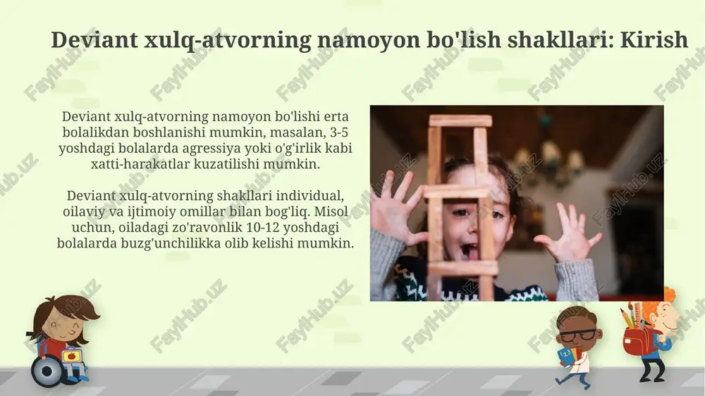 imoiy izolyatsiyaga olib kelishi xavfini 3 karra oshiradi. onlayn deviant xatti-harakatlar, ayniqsa kiberbulling, jabrlanuvchining shaxsiy ma'lumotlarini (10 dan ortiq shaxsiy ma'lumot) tarqatish orqali ularning obro'siga putur yetkazishi mumkin. oiladagi deviant xatti-harakatlar oiladagi deviant xatti-harakatlar erta bolalikda 3-5 yoshda namoyon bo'lishi mumkin, bu davrda agressiya, itoatsizlik va haddan tashqari talabchanlik kuzatiladi. ota-onalarning noto'g'ri tarbiyasi, masalan, haddan tashqari nazorat yoki e'tiborsizlik 6-10 yoshdagi bolalarda o'g'irlik, yolg'on gapirish kabi deviant xatti-harakatlarga olib kelishi mumkin. deviant xulq-atvorni bartaraf etish yo'llari bolalardagi deviant xulq-atvorni bartaraf etish uchun erta profilaktika muhim, masalan, 3-5 yoshda oilaviy munosabatlarni mustahkamlashga qaratilgan dasturlar samarali. deviant xulq-atvorni yo'qotish uchun kognitiv-xulqiy terapiya (kxt) usullarini qo'llash, ayniqsa, 7-12 yoshdagi bolalarda o'zini nazorat qilish ko'nikmalarini rivojlantirishda yordam beradi. e'tiboringiz uchun rahmat image7.jpg image8.jpg image9.jpg image10.jpg image11.jpg image12.jpg image13.jpg image14.jpg image15.jpg image16.jpg image17.jpg image18.jpg image5.png
