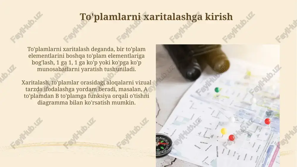 {1, 2, 3} --> {a, b}, har bir elementni aniq bitta boshqa elementga bog'laydi; bu funksiyalar soni esa 2^3 = 8 ga teng. in'ektiv xaritalashda, har bir element alohida tasvirga ega bo'lishi kerak; agar to'plam a da n element, b da m element bo'lsa, n > m da bunday xarita mavjud emas. cheksiz to'plamlarning xaritalari cheksiz to'plamlarning xaritalari ℵ₀ kabi sanaladigan cheksizlik bilan bog'liq masalalarni o'z ichiga oladi, bu yerda har bir element uchun noyob xarita mavjud. sur'ektiv xaritalashda, 'a' dan 'b' ga har bir 'b' element uchun 'a' da kamida bitta 'a' element mavjud bo'lib, f(a) = b tenglamasi bajariladi. xaritalashning qo'llanilishi xaritalash statistik ma'lumotlar tahlilida keng qo'llaniladi, masalan, aholi zichligini, iqtisodiy ko'rsatkichlarni va 2023 yil holatiga ko'ra demografik o'zgarishlarni vizualizatsiya qilishda. geografik axborot tizimlari (gat) xaritalashdan tabiiy resurslarni boshqarish, qishloq xo'jaligi monitoringi va 1:50,000 masshtabdagi topografik xaritalarni yaratish uchun foydalanadi. amaliy masalalarni yechish amaliy masalalarni yechishda 10 xildan …