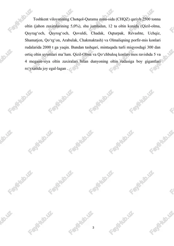 lchami 10-15 mm va undan kichik rudalar chiqadi. jag‘li va konusli maydalagichlar (drobilka) ishlatiladi. 2-rasm konusli maydalash dastgohi yanchish: sharli yoki sterjenli tegirmonlarda suvli muhitda rudaning o‘lchamini 0,074 mm (74 mkm) gacha yanchiladi. 74 mkm li rudalar bo‘tana (pulpa) ning 80% dan ortiq qismini tashkil etishi lozim. yanchish va maydalashdan maqsad — kerakli mineralning yuzasini ochish. 3-rasm:sharli yanchish dastgohi (mshts markali) sinflash: spiralli klassifikatorlarda sinflanib bo‘tanani qum va quymaga qadar ajratiladi.[footnoteref:2] [2: hojiyev sh.t. norqobilov y.f.raxmatillayev sh.a. suyunova m.n. yosh metellurg [matn] savol-javoblar,qiziqarli ma’lumotlar va metallar ishlab chiqarish texnologik jarayonlar.toshkent:” tafakkur”nashriyoti,2019.140 b.] 4-rasm:spiralli klasifikatorlar tindirish va quyuqlashtirish: sinflashdan chiqqan bo‘tana quyuqlashtirgichlarda (sgustitel) tindiriladi. bunda quyuq va suyuq qismlarga ajratiladi. 5-rasm:tindirgich 3. boyitish: kvarsli au rudalari gravitatsion usullarda boyitiladi. masalan, - konsentratsion stollarda boyitish (asosiy); 6-rasm:konsentratsion stolning ko‘rinishi - shlyuzlarda boyitish; 7-rasm:shlyuz va yordamchi dastgohlarning umumiy ko‘rinishi - cho‘ktirish mashinalarida boyitish; 8-rasm:cho‘ktirish mashinasining ko‘rinishi - og‘ir muhitlarda boyitish (suspenziyada). 9-rasm:og‘ir muhitlarda …