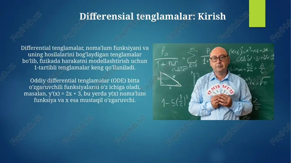 q, chekli elementlarga bo'lish orqali ishlaydi. har bir elementda yechim taxminan aniqlanadi, keyin global yechim hosil qilish uchun elementar yechimlar birlashtiriladi. fem usuli, murakkab geometriyaga ega bo'lgan sohalarda 2d yoki 3d muammolarni yechishda juda samarali. natija aniqligi element o'lchami va interpolatsiya funksiyasiga bog'liq. eigen qiymatlar va eigen funksiyalar eigen qiymat - bu a operator tomonidan o'z vektoriga ta'sir etganda, vektorning faqat masshtabini o'zgartiradigan skalyar qiymat bo'lib, u ko'pincha λ bilan belgilanadi. eigen funksiya - bu chiziqli operatorni qo'llagandan keyin yo'nalishini saqlaydigan, faqat masshtablash omili bilan ko'paytiriladigan nolga teng bo'lmagan funksiya hisoblanadi. amaliy misollar: fizika va muhandislikdagi chqm chqmning fizikadagi amaliy misollaridan biri, masalan, issiqlik o'tkazuvchanlik masalasini hal qilishdir, bunda dirixle shartlari bilan 0 dan l gacha bo'lgan uzunlikdagi tayoqning haroratini topish mumkin. muhandislikda, chqm ko'pincha balkalarning egilishini tahlil qilish uchun ishlatiladi, bunda chegaraviy shartlar tayanch nuqtalaridagi yuk va harakatlanishni belgilaydi, bu esa aniq yechimga olib keladi. xulosa va kelajakdagi tadqiqotlar …