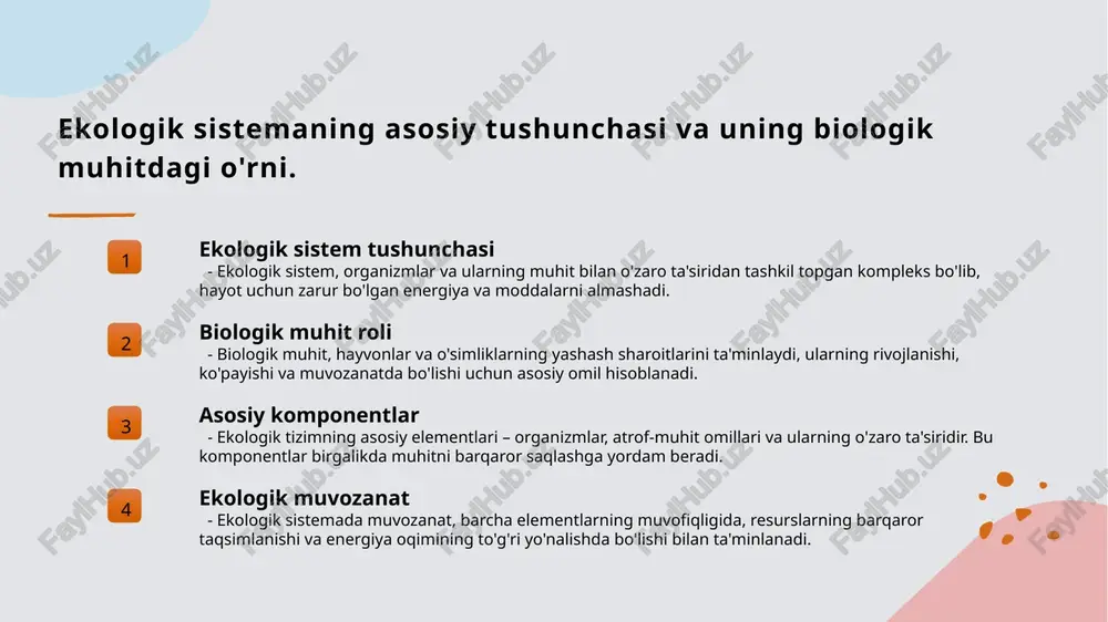 ni boshqaradi, suv muvozanatini saqlaydi va biologik jarayonlar orqali ekologik muhitni sog‘lom tutadi, bu esa inson faoliyatiga ham ta’sir qiladi. biogeotsenozlarning rivojlanishi va tabiatdagi o‘zgarishlarga ta’siri. biogeotsenozlarning rivojlanishi biogeotsenozlar tabiatdagi ekologik jarayonlar va inson faoliyati natijasida o'zgarib, yangi turlar va muhitlar paydo bo‘ladi, bu esa ularning rivojlanishiga olib keladi. o‘zgarishlarga ta’sir iqlim o‘zgarishlari, yer resurslarining ekspluatatsiyasi va biologik turfashuvlar biogeotsenozlarning shakllanishi va rivojlanishiga sezilarli darajada ta’sir ko‘rsatadi. biogeotsenozlarning moslashuvi o‘simlik va hayvon jamoalari muhit sharoitlariga moslashib, o‘zgarishlarga javob berish orqali biogeotsenozlarning barqarorligini ta’minlaydi. oʻsimlik jamoalarining tuzilishini belgilovchi asosiy ekologik omillar 01 oʻsimliklar oʻzaro taʼsiri oʻsimliklar jamoalarida o'zaro ta’sirlar, masalan, konkurentsiya va simbiozlar, ularning rivojlanishi va tuzilishini belgilaydi, ekosistemada muhim rol o'ynaydi. 02 yorugʻlik va suv sharoitlari yashash muhitidagi yorug'lik va suv darajasi, oʻsimliklarning fotosintez jarayoniga ta'sir qilib, ularning tur va strukturasini aniqlaydi. 03 oʻsimliklar oʻsishi va moslashuvi har xil ekologik sharoitlarga moslashgan oʻsimliklar, o‘zining oʻsish va rivojlanish mexanizmlari bilan jamoaning …