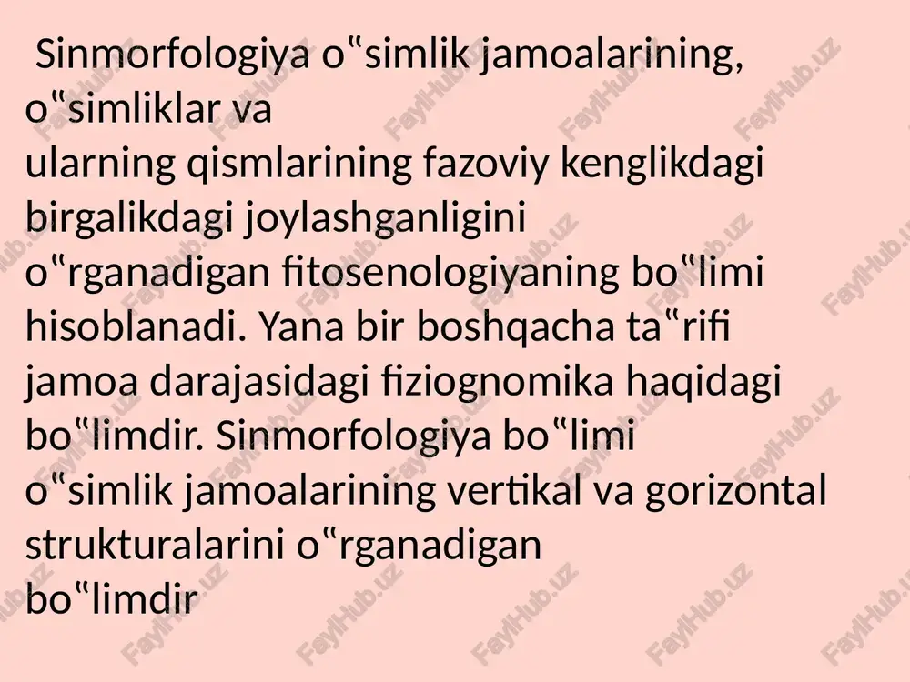 juda katta maydonlarni egallagan jamoalar ham yo‟q bo‟lish darajasiga kelib qoldi. tabiiy bodomzorlar, yong‟oqzorlar, pistazorlar, bodomchazorlar maydoni keskin kamayib ketdi. o‟zbekistonning noyob boyligi bo‟lgan archazorlar o‟tgan asrning boshlarida katta inqirozni boshidan kechirdi. chorva mollarining doimiy ravishda yaylov almashinib boqilishi natijasida tog‟ va adir mintqasidagi ko‟plab yovvoyi o‟simlik turlari cho‟l mintaqasida ham keng tarqaldi. jamoadagi har qanday o‟zgarish jamoa yashab turgan muhitga-ekologik omillarga bog‟liq bo‟ladi. qaytmaydigan va o‟simliklar jamoasini muayyan yo‟nalishda o‟zgarishiga yo‟naltirilgan hamda bir fitosenozning o‟rnini boshqasi egallaydigan qaytmas o‟zgarishlar yig‟indisi suksessiya deb ataladi. suksessiyalarning 2 xil tipi farqlanadi: 1. birlamchi suksessiyalar 2. ikkilamchi suksessiyalar. 1. birlamchi suksessiyalar 2. ikkilamchi suksessiyalar birlamchi suksessiyalar odatda avval o‟simliklar qoplami bo‟lmagan joylarda yuzaga chiqadi. ikkilamchi suksessiyalar esa odatda, bir xududdagi o‟simliklar yoq qilingandan keyin uning o‟rnida shakllanadi. ikkilamchi suksessiyalar birlamchi suksessiyalardan quyidagi belgilari bilan farq qiladi: tuproq qatlami shakllangan bo‟ladi 2. tuproq faunasi va ko‟plab miroorganizmlar mavjud bo‟ladi. 3. tuproqda sporalar, urug‟lar va …