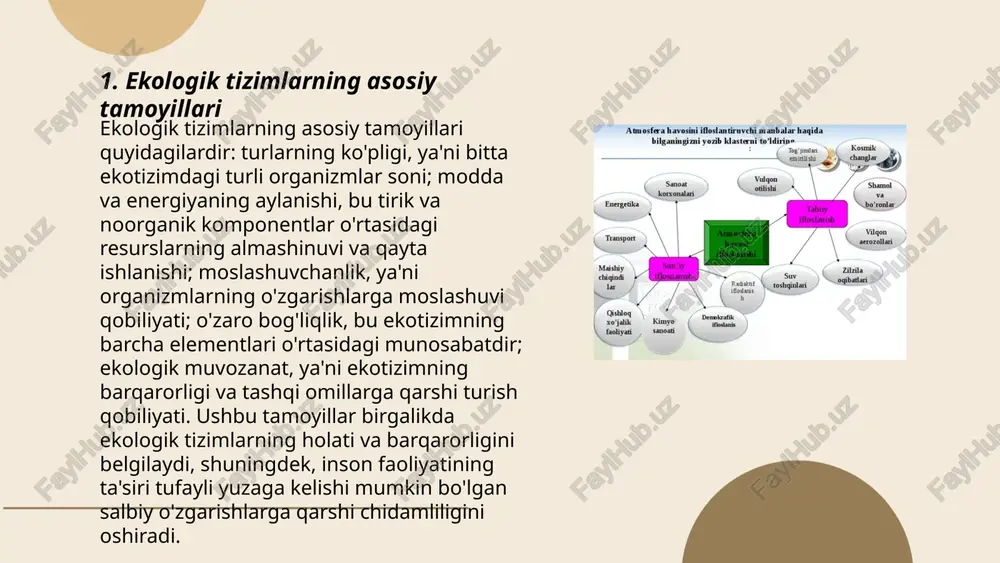 ioksid atmosferaga qaytariladi. azot aylanishi esa bakteriyalar yordamida azotni turli shakllarda o'zlashtirish va qaytarish jarayonlarini o'z ichiga oladi. bu jarayonlar biogeotsenozda barqarorlikni ta'minlaydi. ... t.me/slaydai_bot o'simliklar jamoalari yer yuzida hayotning turli xil shakllarini tashkil etadi. ular o'ziga xos ekologik sharoitlarda shakllanadi va turli biozonalar uchun xosdir. dunyoda o'simliklar bilan boyitilgan 14 ta asosiy biom mavjud, ulardan ba'zilari tropik yomg'ir o'rmonlari, savannalar va tundralardir. har bir jamoa o'ziga xos o'simlik turlarini o'z ichiga oladi, turli iqlim, tuproq va suv sharoitlari ta'sirida rivojlanadi. biologik xilma-xillik planetaning sog'lom va barqaror bo'lishiga yordam beradi. masalan, tropik yomg'ir o'rmonlari yerdagi barcha o'simlik turlarining taxminan 50% ini saqlaydi. bu xilma-xillik ekologik barqarorlik va genetik resurslarni ta'minlaydi. ... t.me/slaydai_bot 7. iqlimning o'simlik jamoalariga ta'siri iqlim o'simlik jamoalariga kuchli ta'sir ko'rsatadi. masalan, mo'tadil iqlim sharoitida keng bargli o'rmonlar, cho'l iqlimida esa kserofit o'simliklar rivojlanadi. yillik yog'in miqdori 200 mm dan past bo'lgan joylarda cho'l va biyobon o'simliklari o'sadi, …