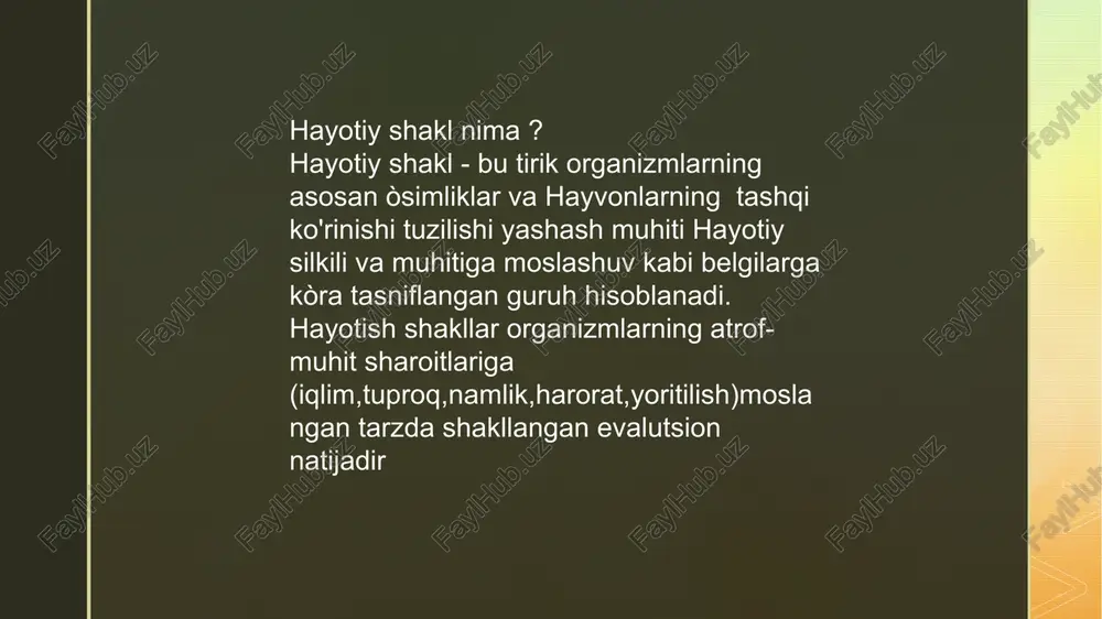 i, bu esa evolyutsion jarayonni tushunishda muhim. 3. hudud florasi va faunasini tavsiflaydi tabiiy zonalarda (cho‘l, tog‘, o‘rmon) yashovchi organizmlarni guruhlashda qo‘llaniladi. 4. qishloq xo‘jaligida foydali qaysi o‘simlik qaysi hududga mos kelishini aniqlash orqali hosildorlikni oshirishga yordam beradi. 5. ekotizim barqarorligini tushunishga yordam beradi hayotiy shakllar orqali muhitdagi biologik xilma-xillik va ekologik barqarorlikni baholash mumkin. xulosa: hayotiy shakllar — bu tabiatning mo‘jizaviy uyg‘unligidir. har bir o‘simlik va hayvon o‘z yashash muhiti bilan chambarchas bog‘liq bo‘lib, uning shakli, tuzilishi va yashash uslubi atrof-muhitga mukammal moslashgan. hayotiy shakllar orqali biz tabiatdagi turli organizmlarning moslashuv strategiyalarini, ularning hayotiy kurashdagi ustuvor tomonlarini anglaymiz. bu tushuncha nafaqat biologik bilimlarimizni boyitadi, balki insoniyatning tabiat bilan uyg‘un yashashiga ham zamin yaratadi. hayotiy shakllarni o‘rganish orqali biz nafaqat o‘simlik yoki hayvonlar hayotini tushunamiz, balki ekologik muvozanat, barqarorlik va tabiat go‘zalligini ham chuqurroq his qilamiz. demak, hayotiy shakllar — bu tabiat tilidir. uni tushunish – tabiat bilan yashash demakdir. …
