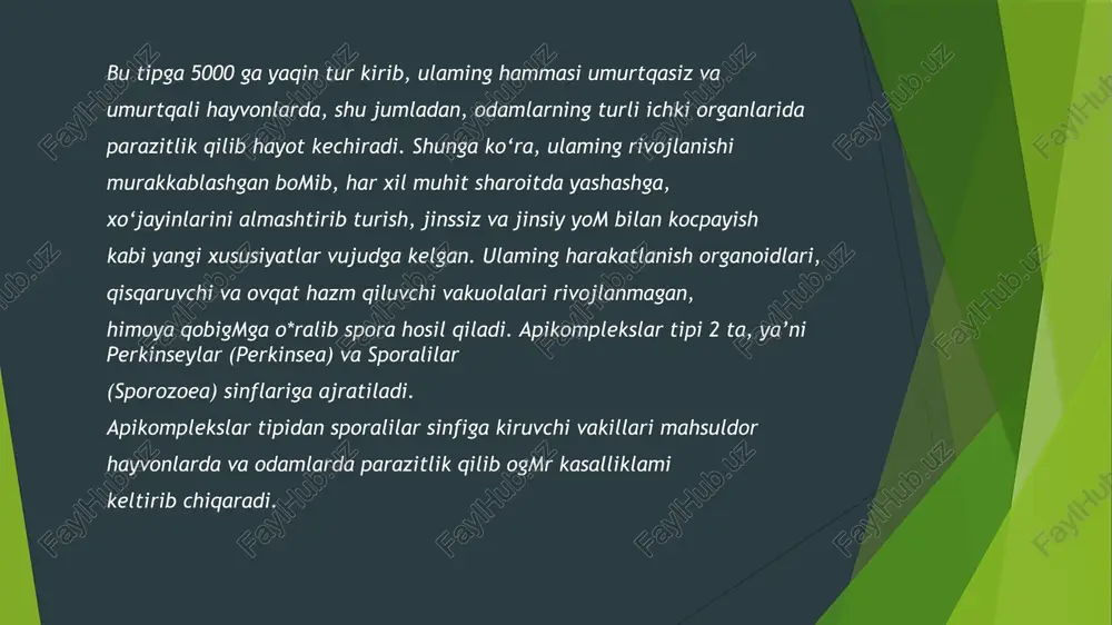 n tanachalariga kirib, gemoglobin plazmasi bilan oziqlanadi. parazitning eritrotsitlar gemoglobini hisobiga oziqlanib o ‘sadigan davriga trofozoitlar deyiladi. bezgak yer yuzida juda keng tarqalgan kasallikdir. bezgak kasaliga uchragan odamda kuchli anemiya (kamqonlik) kuzatiladi. 1 mm3 qondagi eritrotsitlar soni normadagi 5 mln. dan 1 mln. gacha tushib qoladi.m dh mamlakatlarida bezgak kasalligi xex asrning oxiri xx asrning birinchi yarmida kavkaz, markaziy osiyo, volganing o‘rta va quyi oqimida hamda ukrainada keng tarqalgan edi. 1935-yilning o‘zida mazkur hududlarda 9 mln. kishi bezgak bilan kasallanganligi ma’lum. bu davrda odamlarning bezgak bilan kasallanishi, ayniqsa, afrika, janubiy amerika, osiyo va yevropadagi juda ko‘plab mamlakatlarda keng tarqalgan edi. 1930-yillarda faqatgina hindistonning o ‘zida har yili 100 mln. dan ortiq kishi bezgak bilan kasallangan. markaziy osiyo, shu jumladan, 0 ‘zbekistonda ham bezgakka qarshi ishlar olib borilgan. birinchidan, bezgak bilan kasallangan odamlami majburiy yalpi davolash kurslaridan o‘tkazilgan. mamumki, bezgak chivini o‘z tuxumini kommak suvlarga qo‘yadi. shuning uchun bezgak chivini ko'payishining …