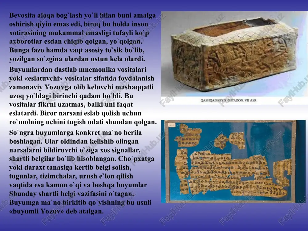ni, binafsharang - xavf-xatafni yoki dushmanlikni, qizil rang - urushni, oq rang - tinchlikni, sariq rang - oltinni, yashil rang - don-dunni bildirgan. hindlar turli ranglarni va tugunlarni turlicha qo`shib ishlatib har xil xabarlarni bildirish imkoniyatiga ega bo`lganlar. ba`zi olimlar, kipuga qonunlar majmui, xronikalar, xatto she`rlar yozilgan bo`lishi mumkin, degan fikrni aytmokdalar. boshqa olimlar esa murakkab yozuvlarni tugunlar va rangba-rang tizimcha yordamida amalga oshirish mumkin emas demoqdalar. penna kamari (maktub) hindlarda har bir rang muayyan ma`noni: qora rang - baxtsizlikni, o`limni, binafsharang - xavf-xatafni yoki dushmanlikni, qizil rang - urushni, oq rang - tinchlikni, sariq rang - oltinni, yashil rang - don-dunni bildirgan. hindlar turli ranglarni va tugunlarni turlicha qo`shib ishlatib har xil xabarlarni bildirish imkoniyatiga ega bo`lganlar. ba`zi olimlar, kipuga qonunlar majmui, xronikalar, xatto she`rlar yozilgan bo`lishi mumkin, degan fikrni aytmokdalar. boshqa olimlar esa murakkab yozuvlarni tugunlar va rangba-rang tizimcha yordamida amalga oshirish mumkin emas demoqdalar. hozirgi vaqtda ham …